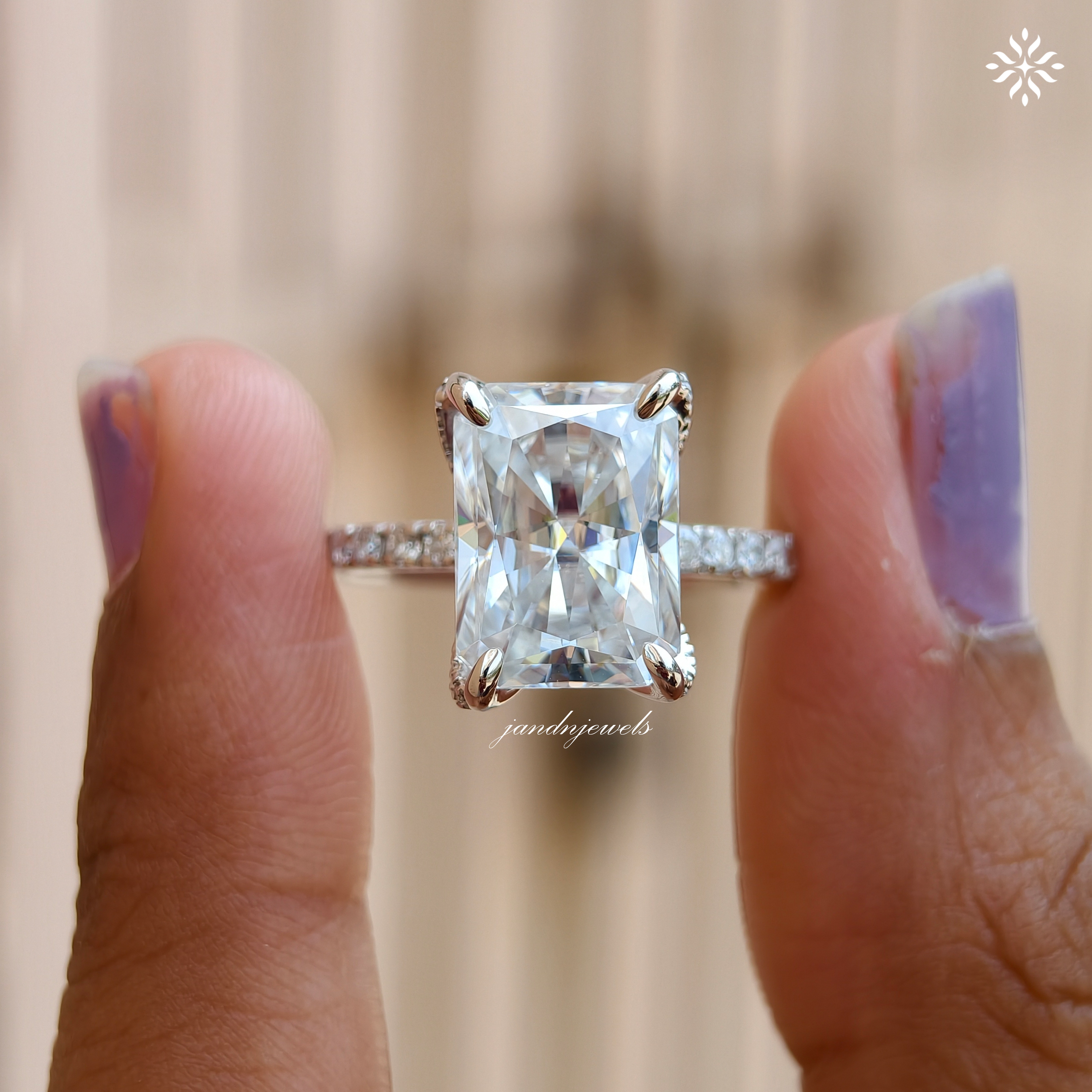Radiant Cut Moissanite Engagement Ring Hidden Halo Ring 14K Solid Gold Baguette Halo Ring Diamond Ring for Women