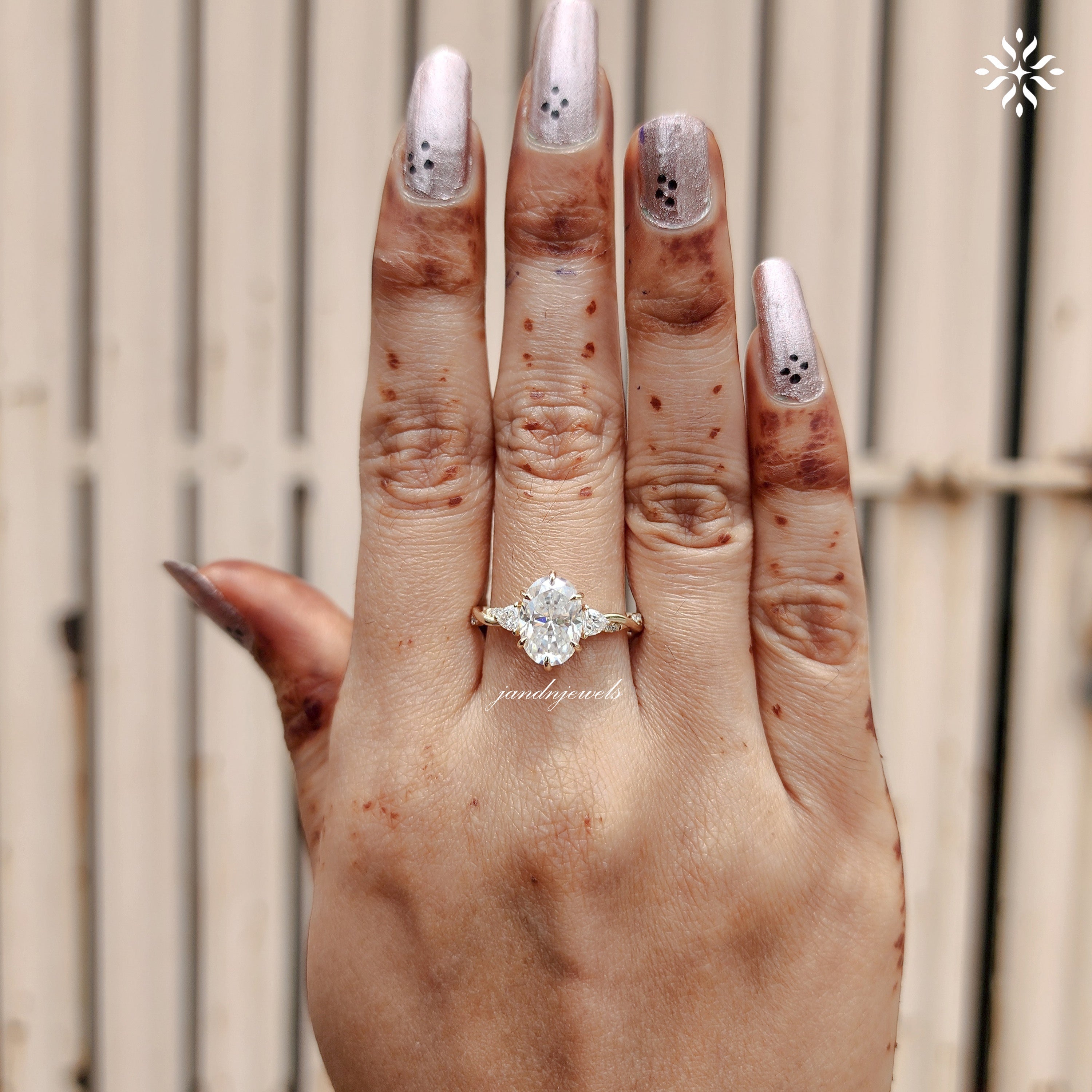 Three Stone oval Cut Moissanite Engagement Ring Twisted Band Wedding Ring Side Stone Trillion Side Stone Ring