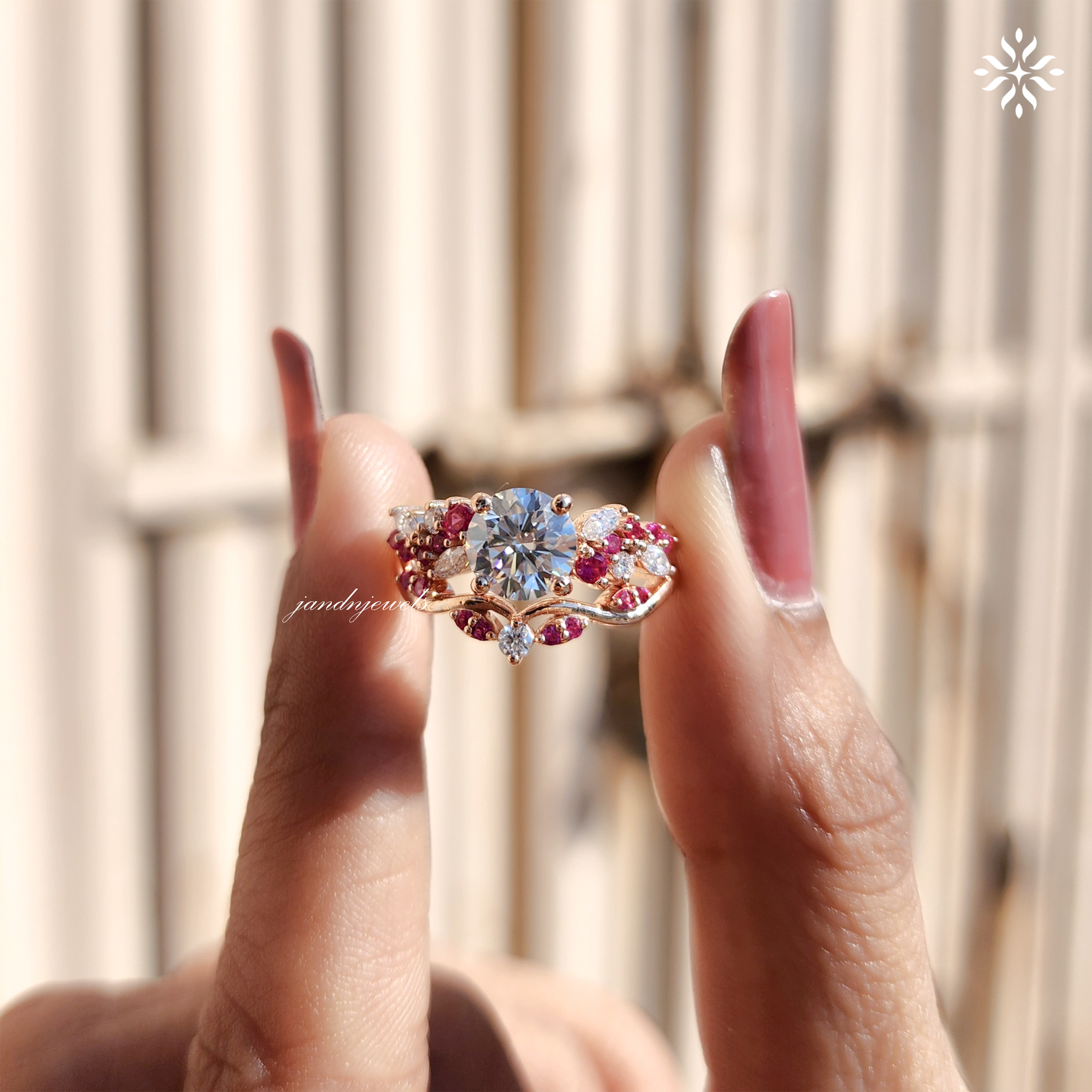 Round Cut Moissanite Engagement Ring Set lab Pink Sapphire Diamond Ring Vintage Rose Gold Bridal Ring Set Amethyst wedding Art Deco Ring Everbee logo Analyze listing