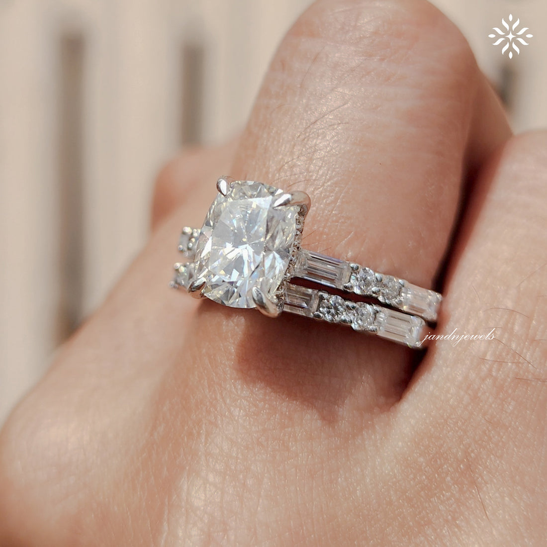 Elongated Cushion Cut Moissanite Engagement Ring Set Baguette & Round Diamond Band Bridal Ring Set 14K White Gold Ring Set