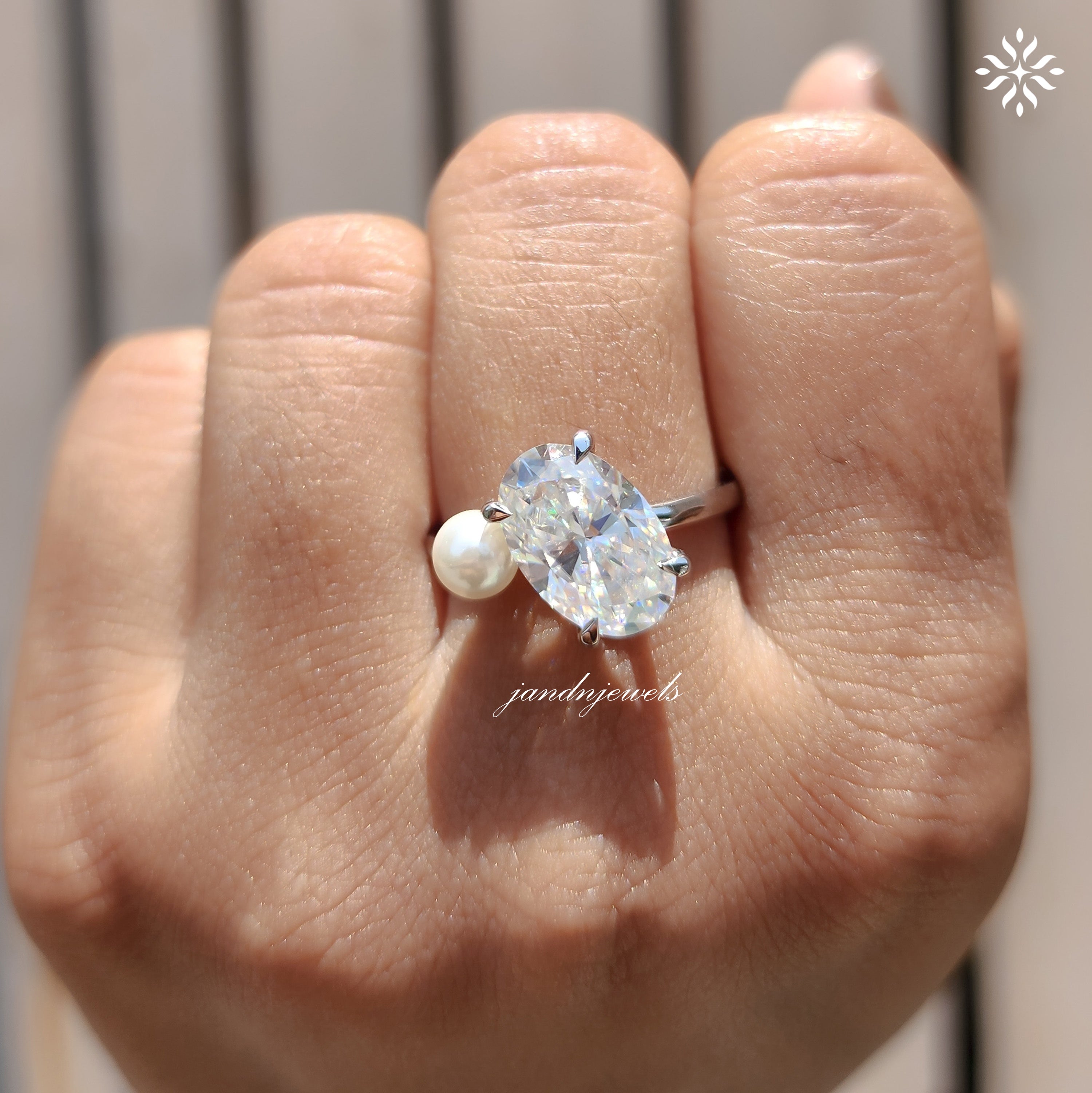 Oval Moissanite & Pearl Two Stone Ring, Toi Et Moi Design