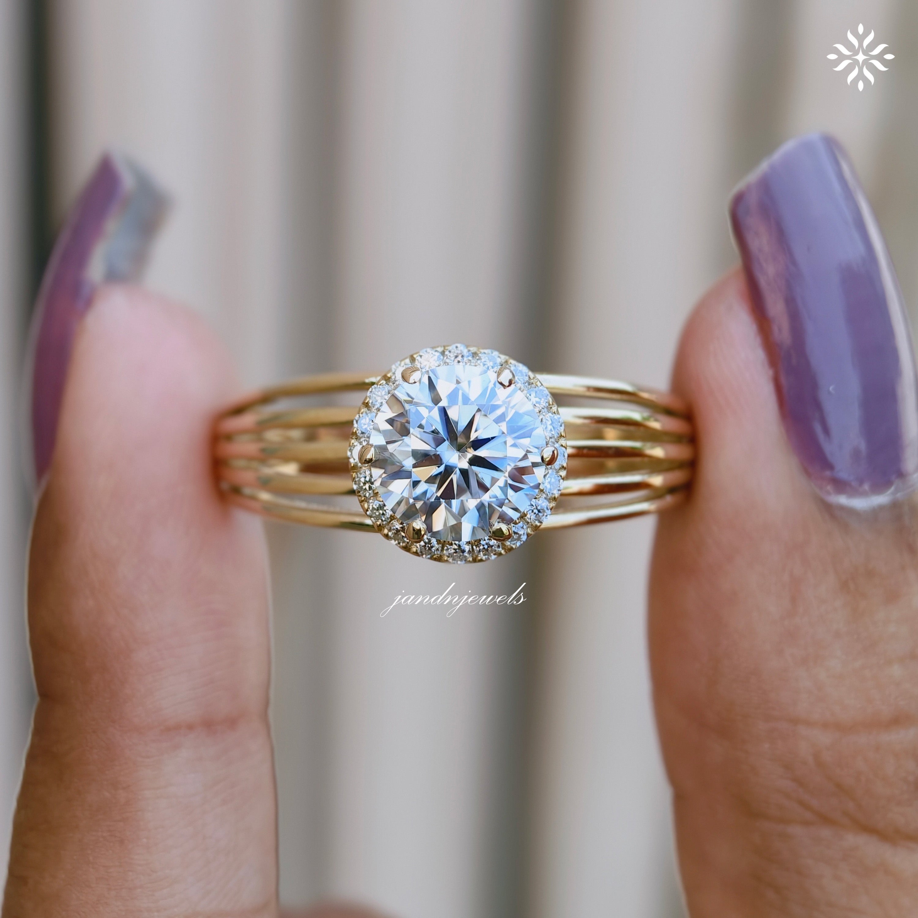 Brilliant Round Moissanite Engagement Ring Open Split Shank Gold Ring Halo Antique Style Ring Antique Style Bridal Ring