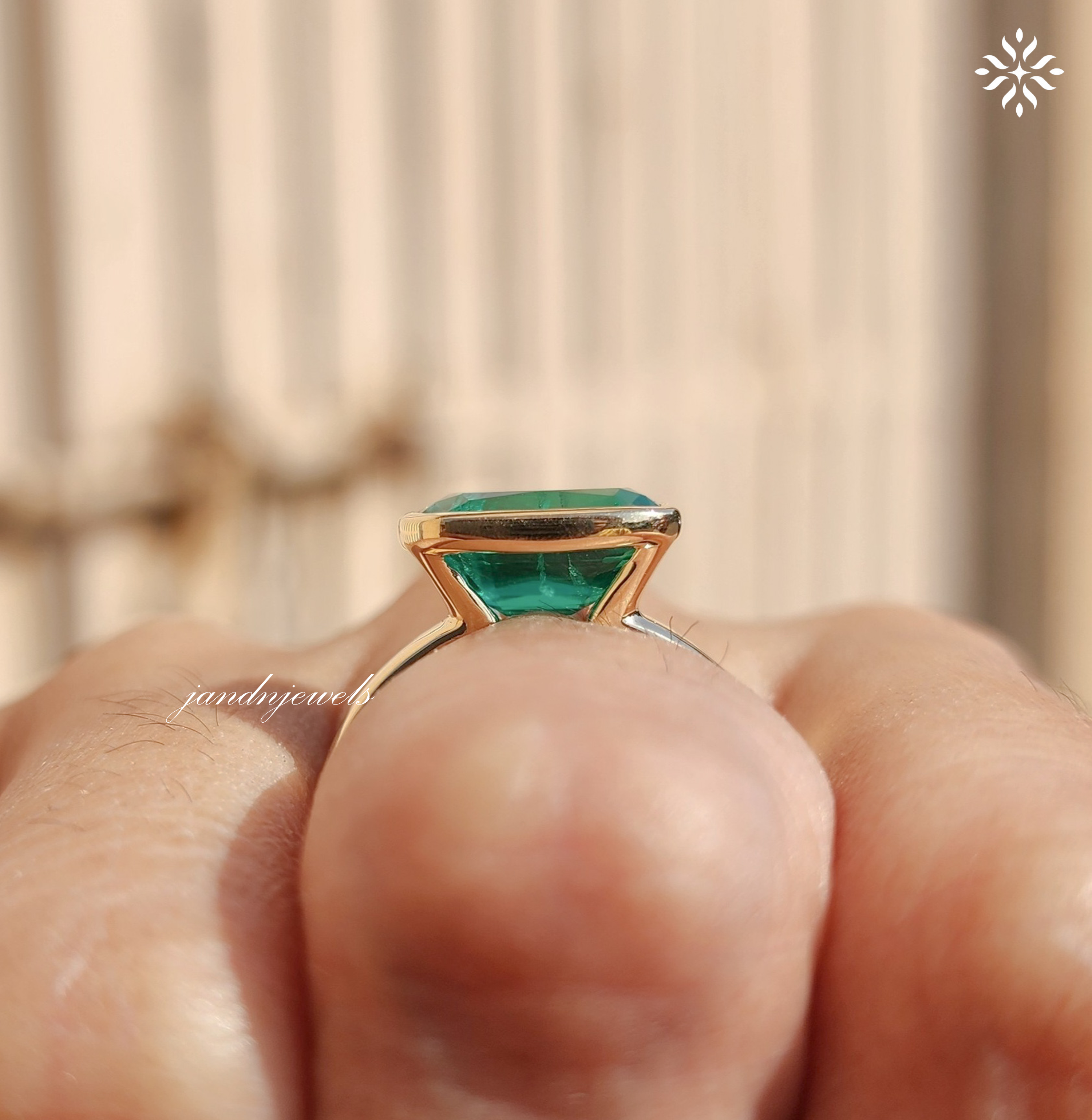 Green Emerald Cushion Cut Ring Bezel Set Solitaire 14K Gold Engagement Ring East West Ring