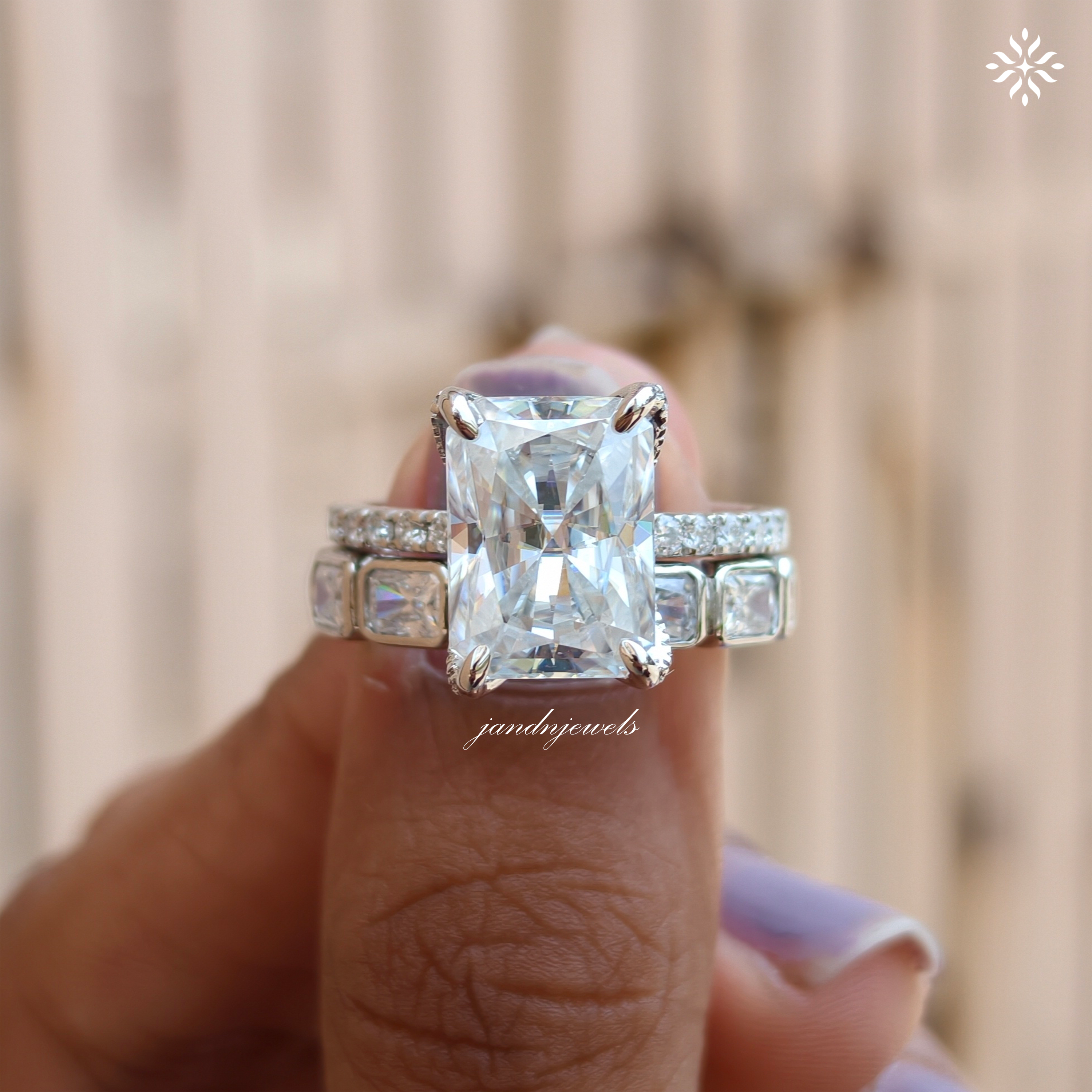 Radiant Cut Moissanite Bridal Set For Women Horizontal Radiant Cut Matching Full Eternity Band Hidden Halo Promise Ring Set Bridal Ring Set