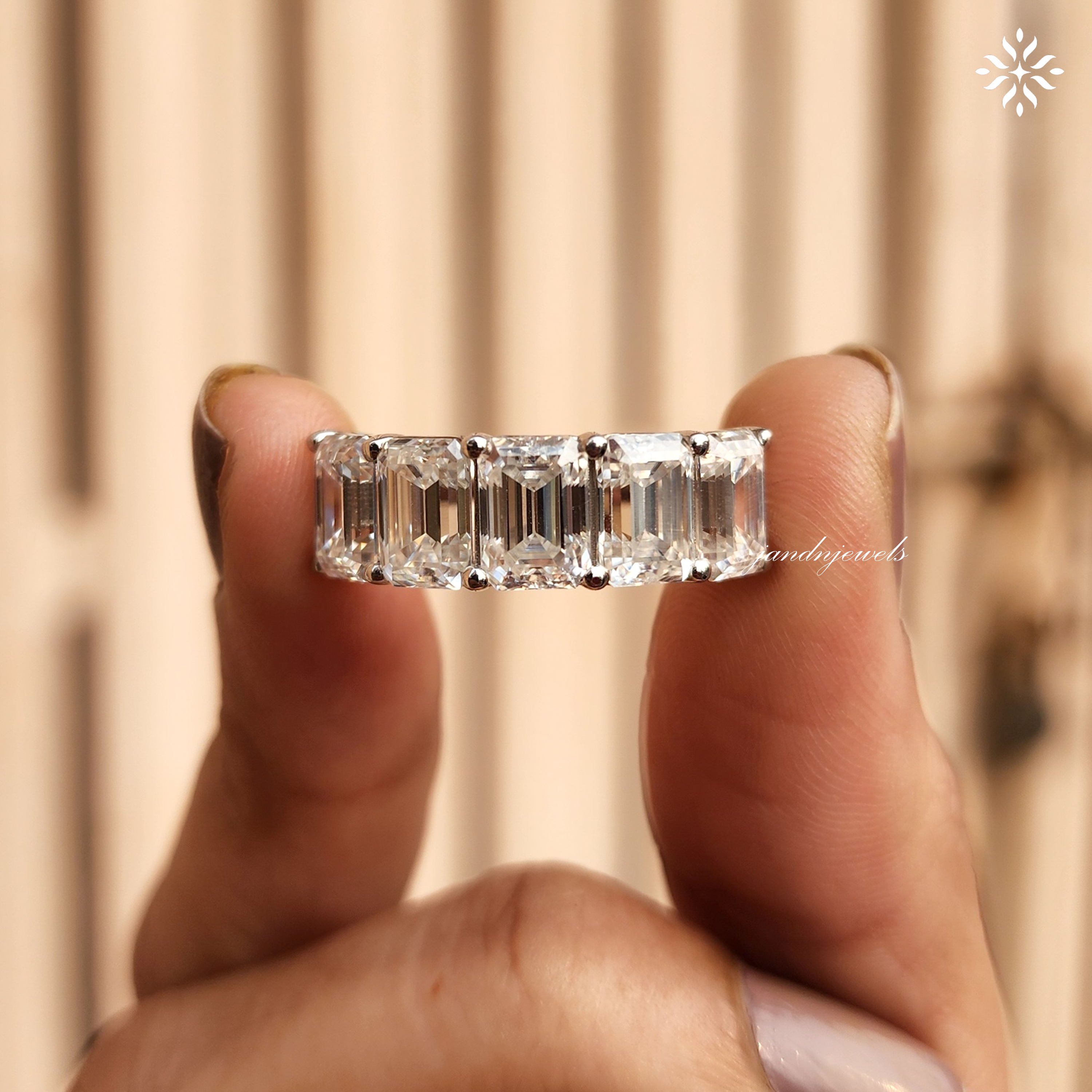 5 Stone Emerald Cut Moissanite Ring, Emerald Cut Solitaire Band, 5 Stone Emerald Cut Half Eternity Band, Promise Stackable Eternity Ring