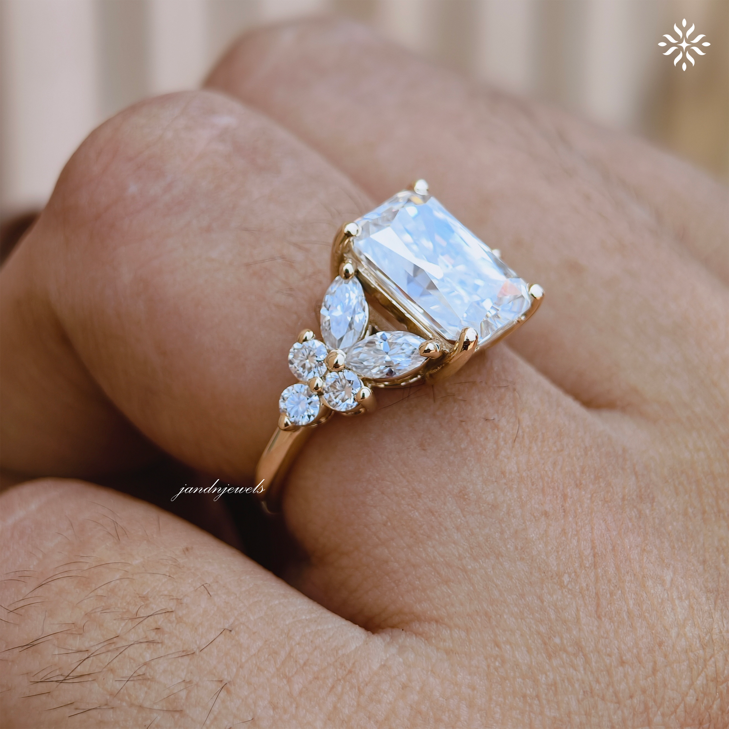 3 Carat Radiant Cut Moissanite Cluster Engagement Ring 14K Solid Gold Ring Floral Cluster Marquise Ring Unique Wedding Ring for Women