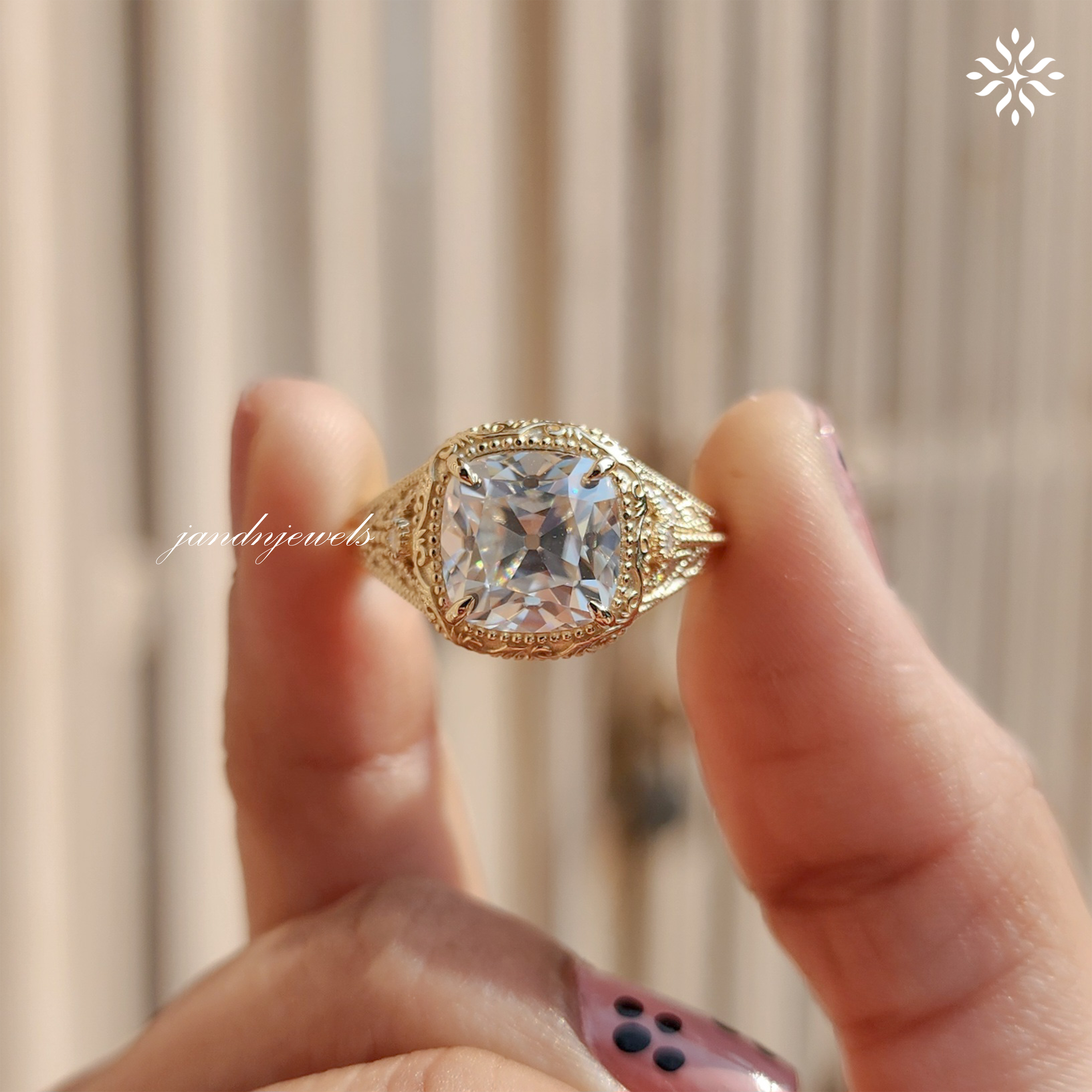 Art Deco Old Mine Cushion Cut Moissanite Engagement Ring Handcrafted Engraved Milgrain Ring 14K Solid Gold Vintage Ring, Taylor Swift Ring