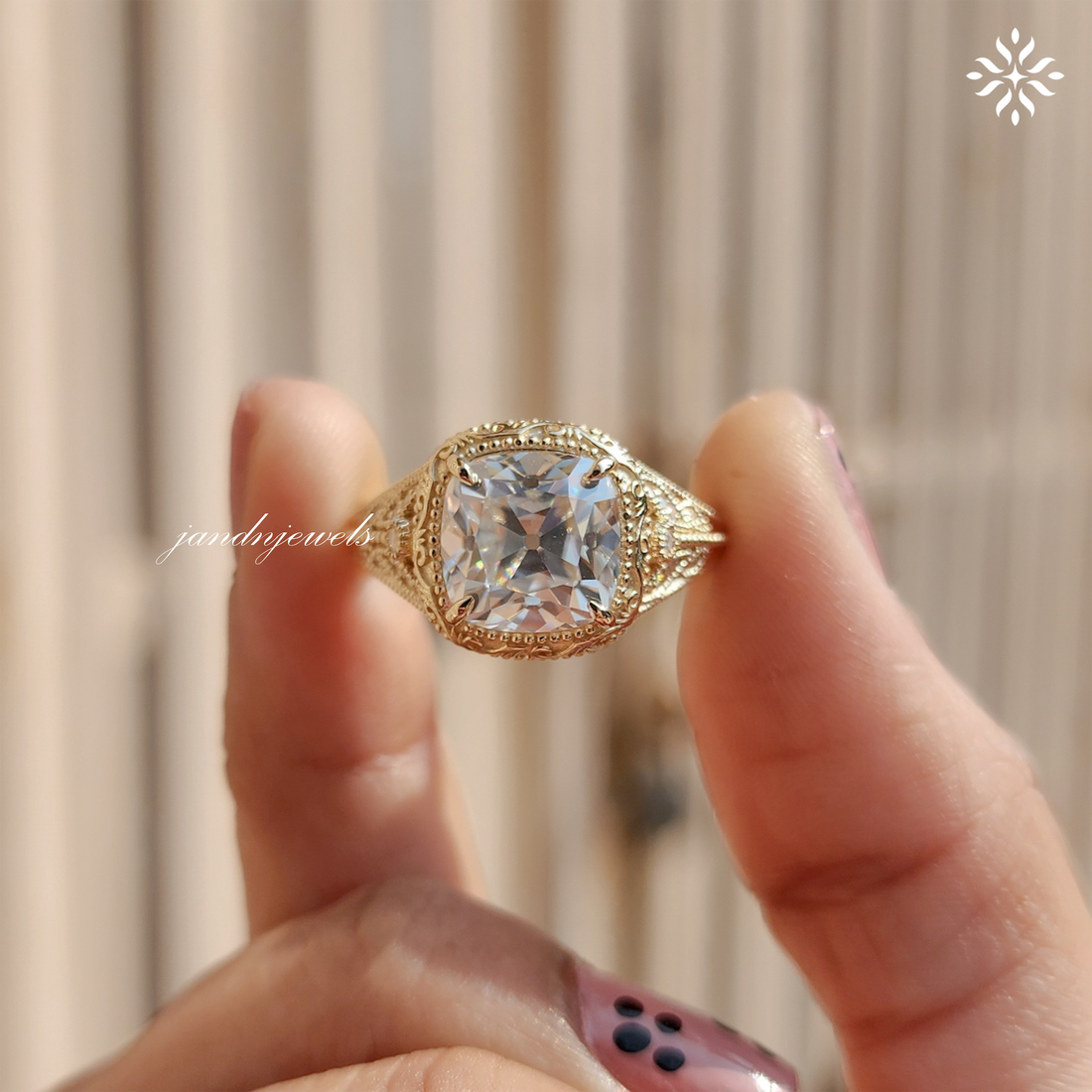 Art Deco Old Mine Cushion Cut Moissanite Engagement Ring Handcrafted Engraved Milgrain Ring 14K Solid Gold Vintage Ring, Taylor Swift Ring
