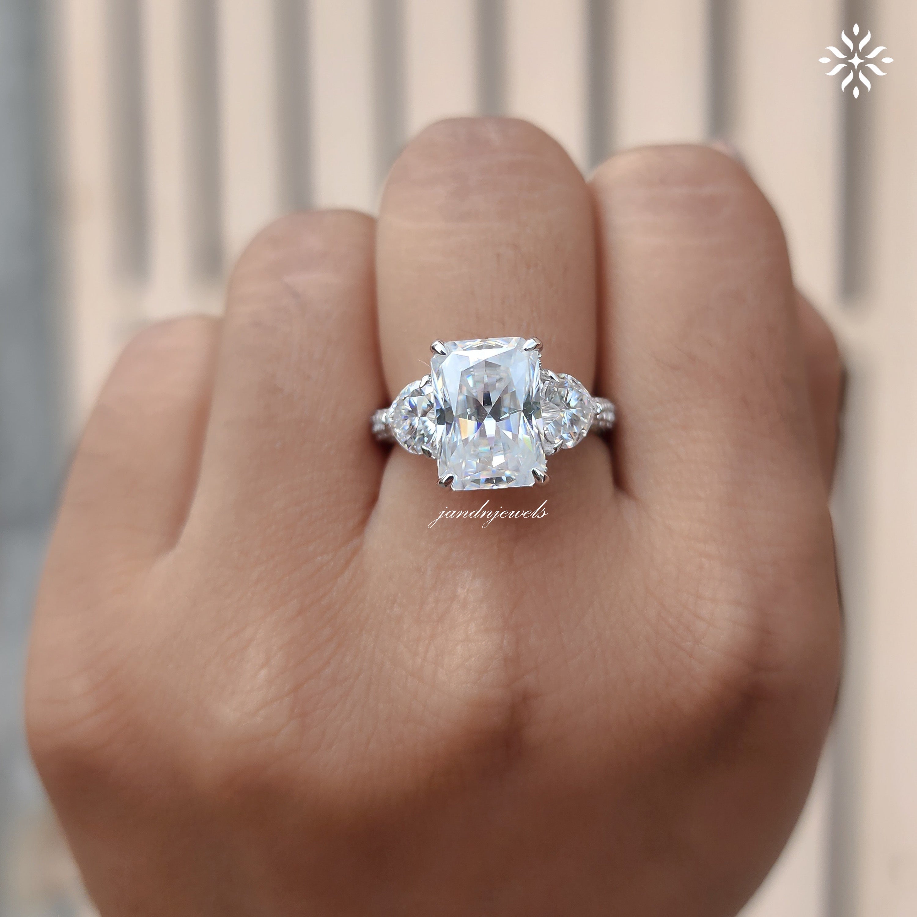 Three Stone Radiant Cut Moissanite Engagement Ring Side Stone Heart Ring