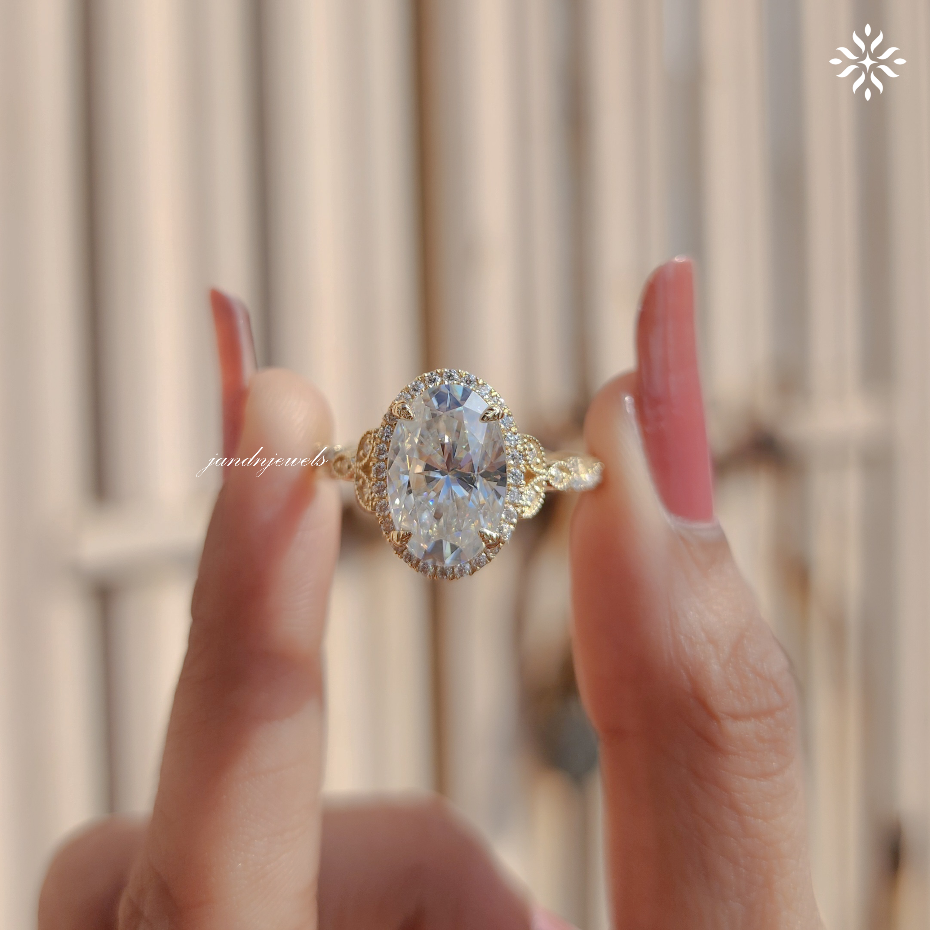 Oval Moissanite Halo Engagement Ring 14K Solid Yellow Gold, Filigree Cluster Design, Twisted Band, Classic Cathedral Setting