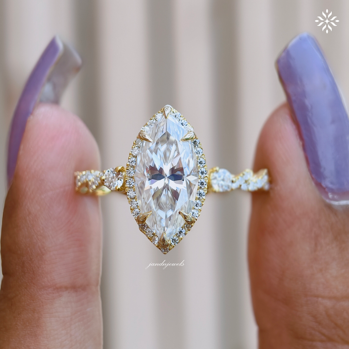 Art Deco Tulip Set Ring Marquise Cut Moissanite Engagement Ring Hidden Halo Moissanite Ring Vintage Twisted Band Bridal Ring