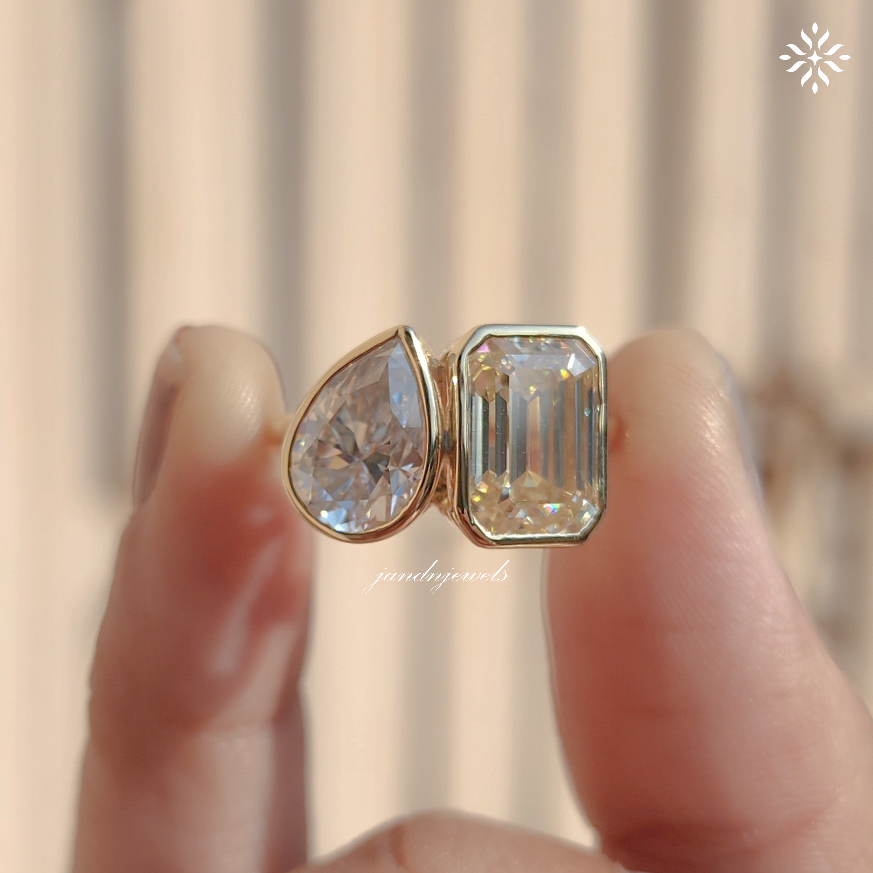 Toi et Moi Pear Shaped & Emerald Cut Moissanite Ring Two Stone Gold Engagement Ring Unique Bridal Ring