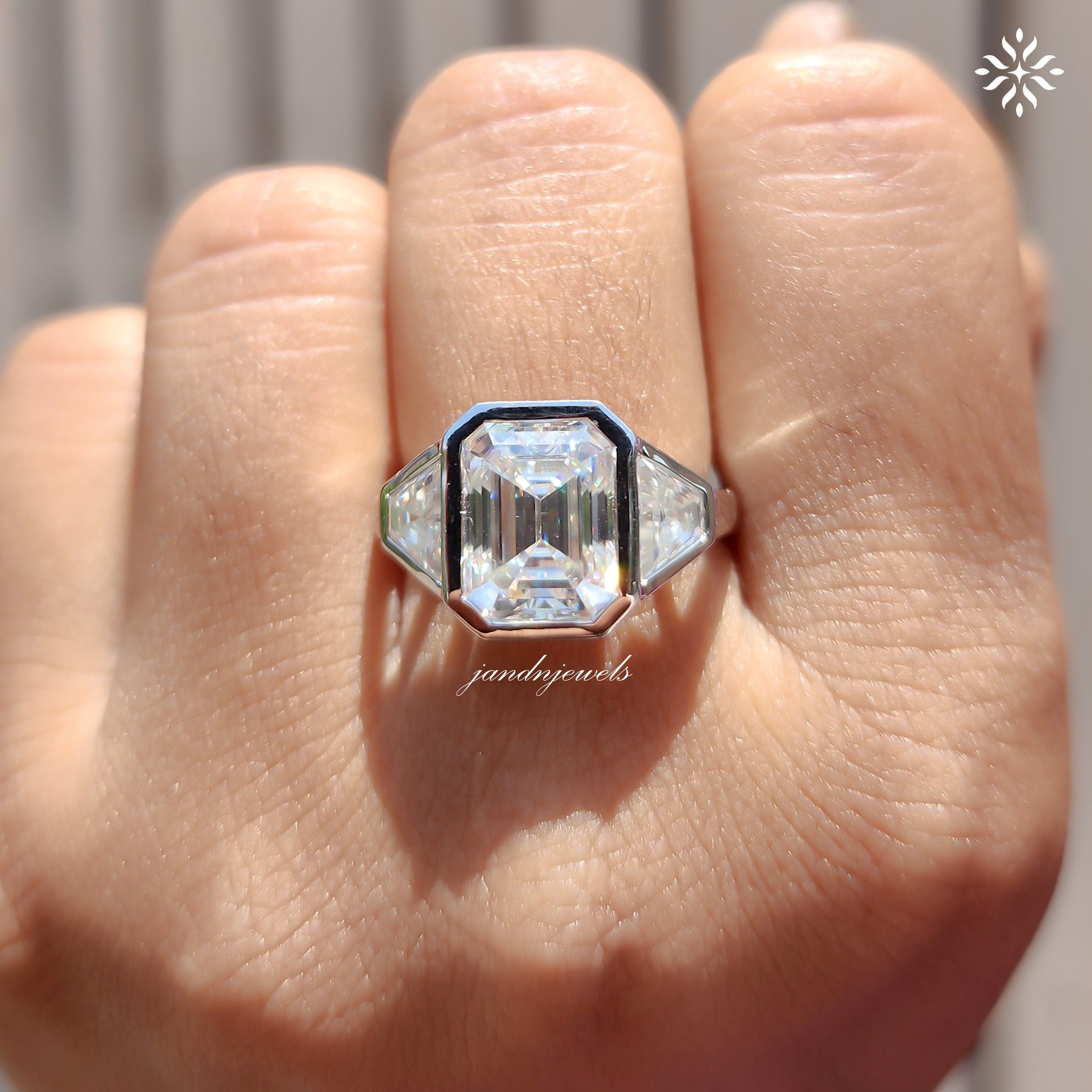 Three Stone Emerald Cut Moissanite Engagement Ring Bezel Set Diamond Ring Trilogy Ring for Her