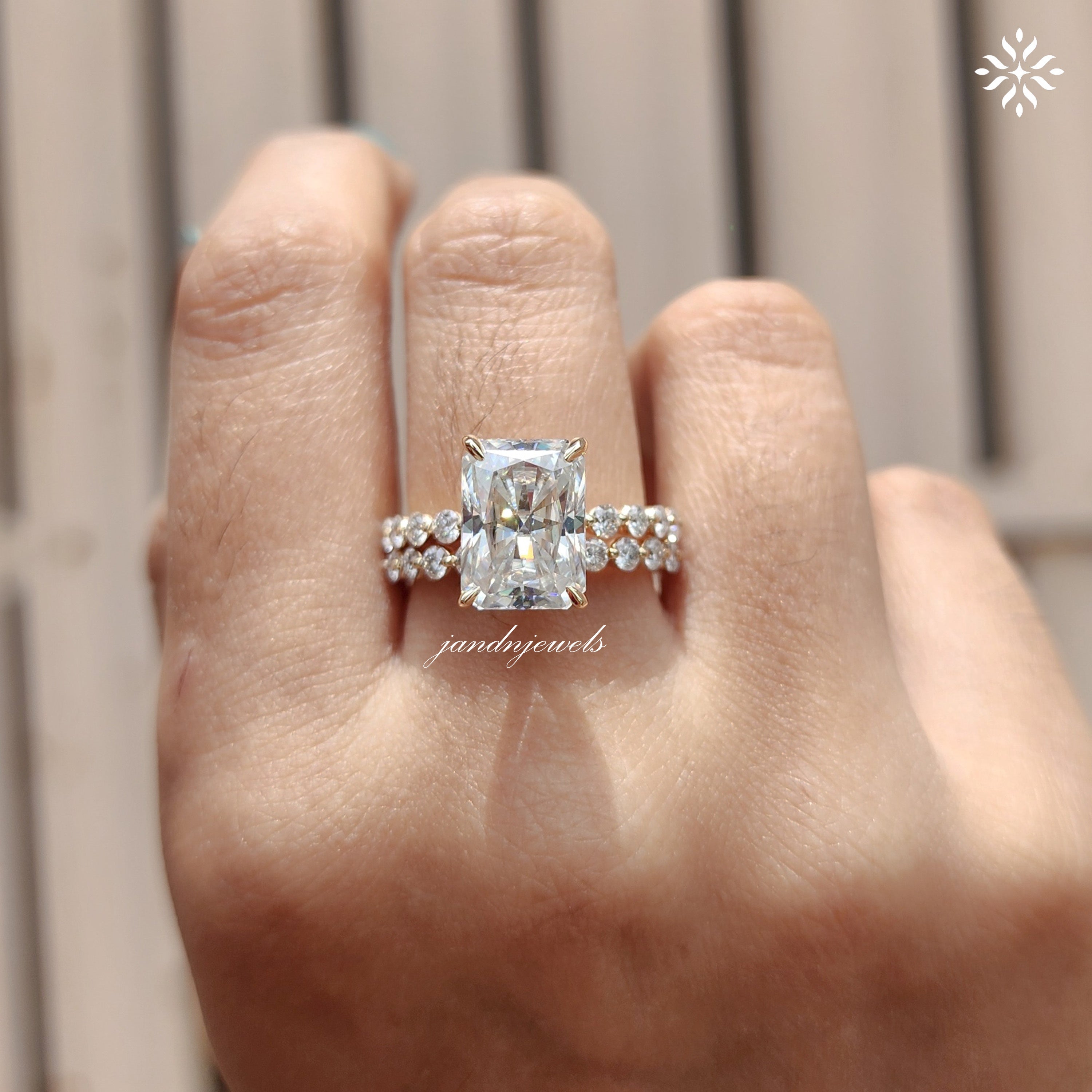 4CT Radiant Cut Moissanite Engagement Ring Set Bubble Band Ring Wedding Ring Set Bridal Ring Set Hidden Halo Ring