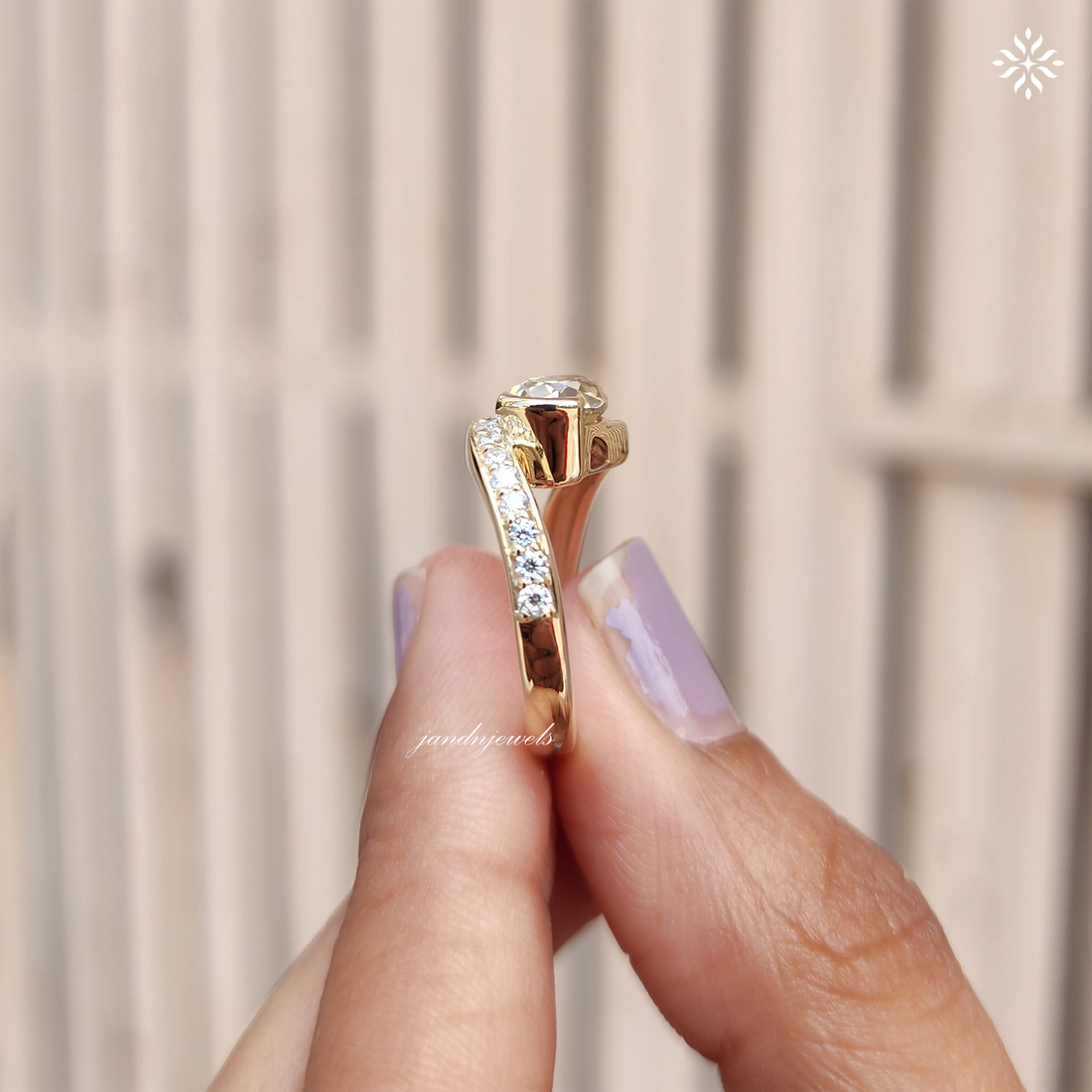 Champagne Pear Cut Moissanite Ring, Curved Pave Band, Asymmetrical Gold Engagement Ring