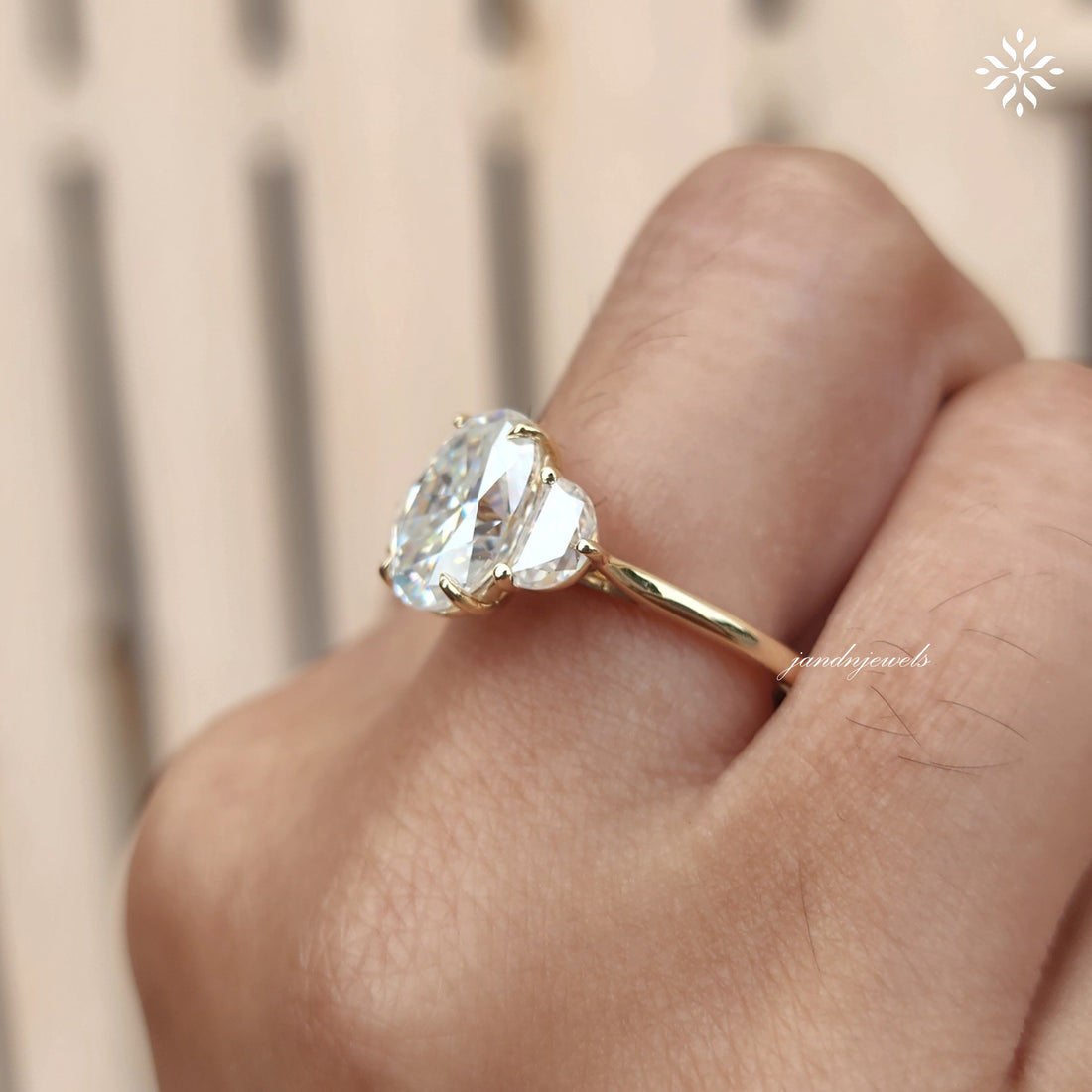 4CT Oval Cut Moissanite Engagement Ring Three Stone Half Moon Ring