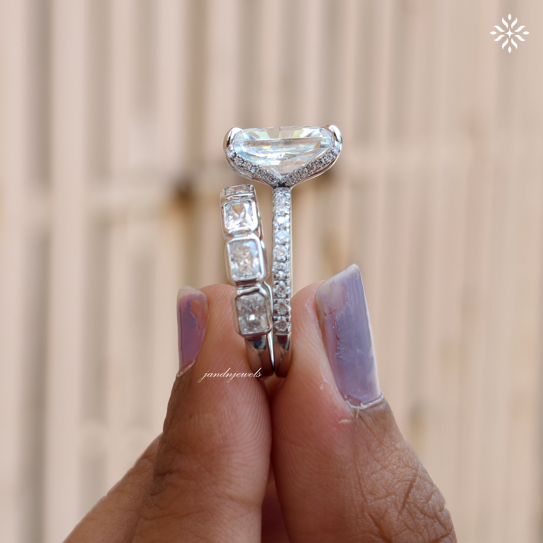 Radiant Cut Moissanite Bridal Set For Women Horizontal Radiant Cut Matching Full Eternity Band Hidden Halo Promise Ring Set Bridal Ring Set