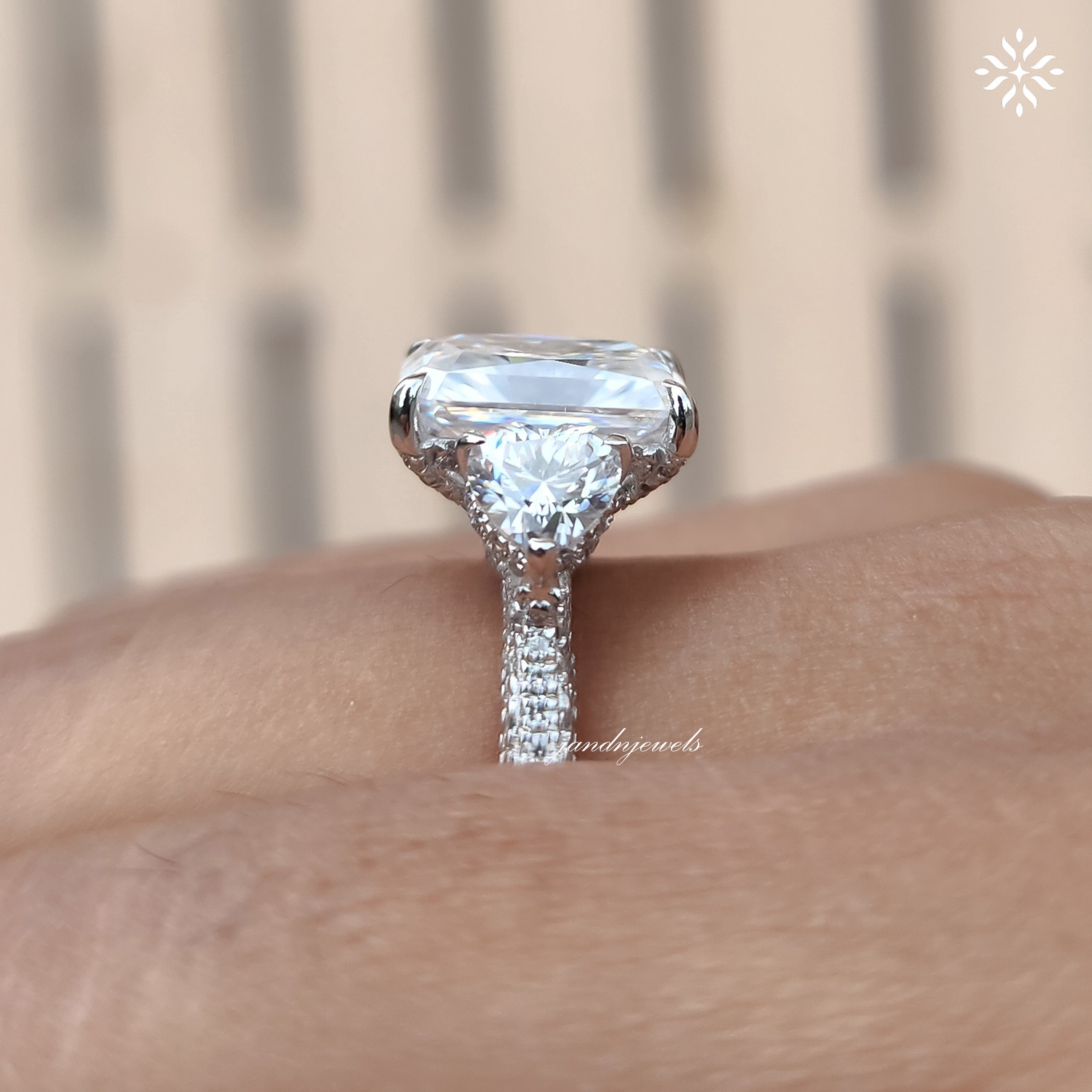 Three Stone Radiant Cut Moissanite Engagement Ring Side Stone Heart Ring