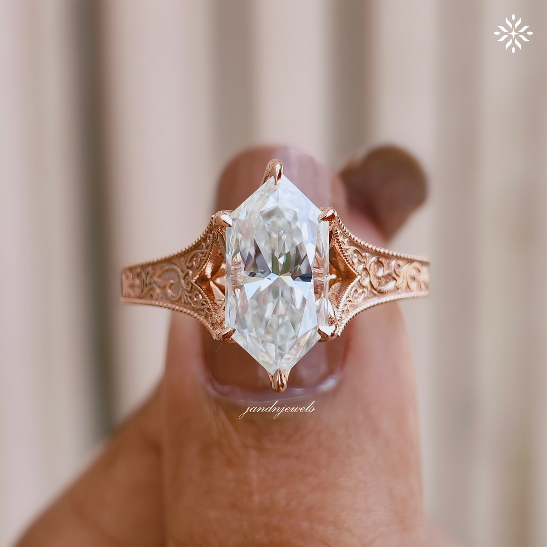 Dutch Marquise Moissanite Engagement Ring Art Deco Engraved Band Solitaire Ring 14K Gold Six Prong Designer Bridal Ring For Her