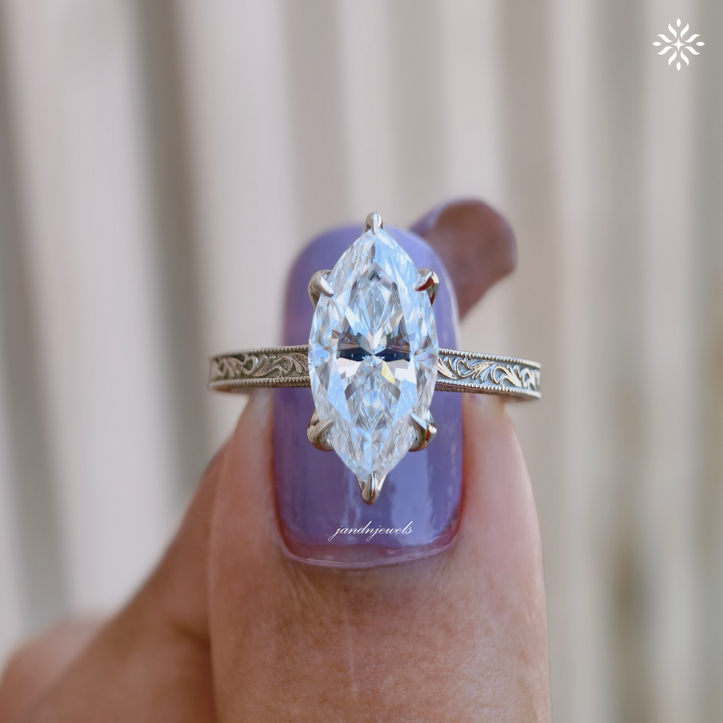 2.5CT Filigree Marquise Cut Moissanite Engagement Ring Art Deco Engraved Band Solitaire Ring 14K Gold Six Prong Designer Bridal Ring for Her