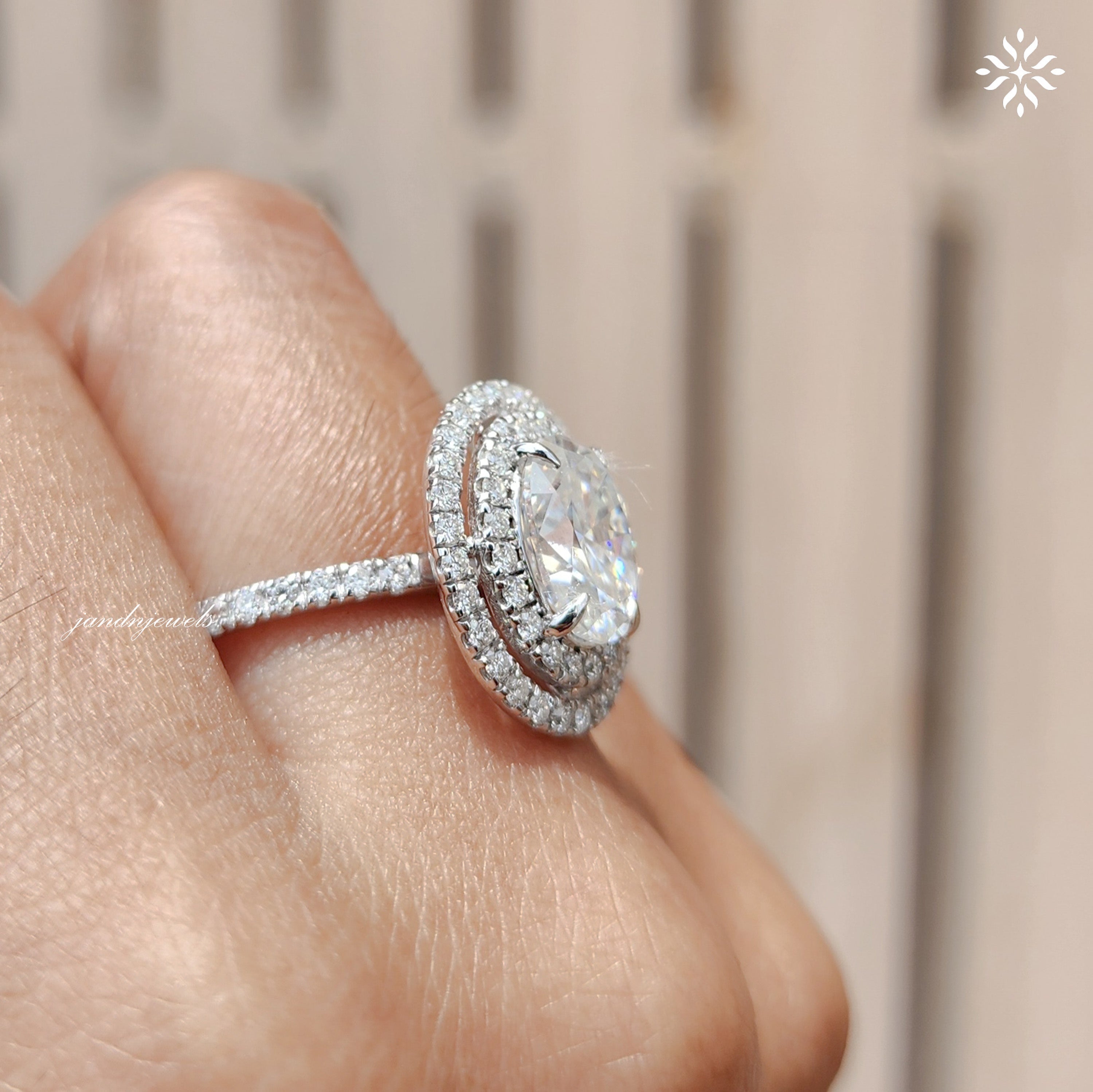 Double Halo Oval Moissanite Engagement Ring Unique Halo Ring Ring Wedding Pave Band 14K White Gold Ring Anniversary gift For Women
