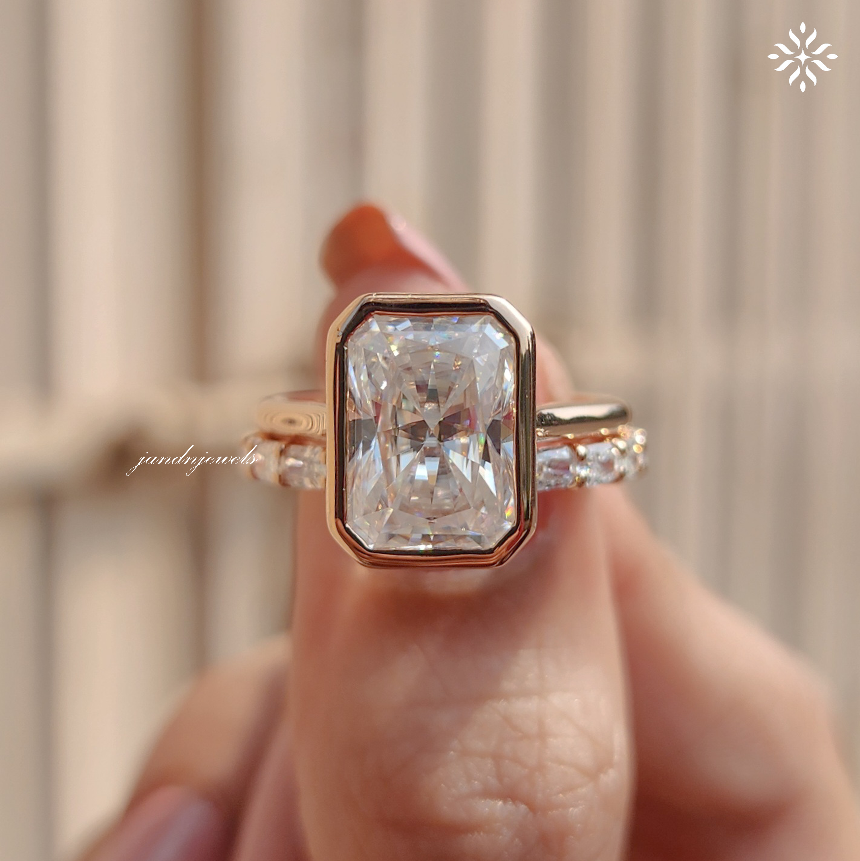 3.5CT Radiant Cut Moissanite Engagement Ring Set Bezel Set Ring 14K Rose Gold Ring Wedding Ring Set Anniversary Ring