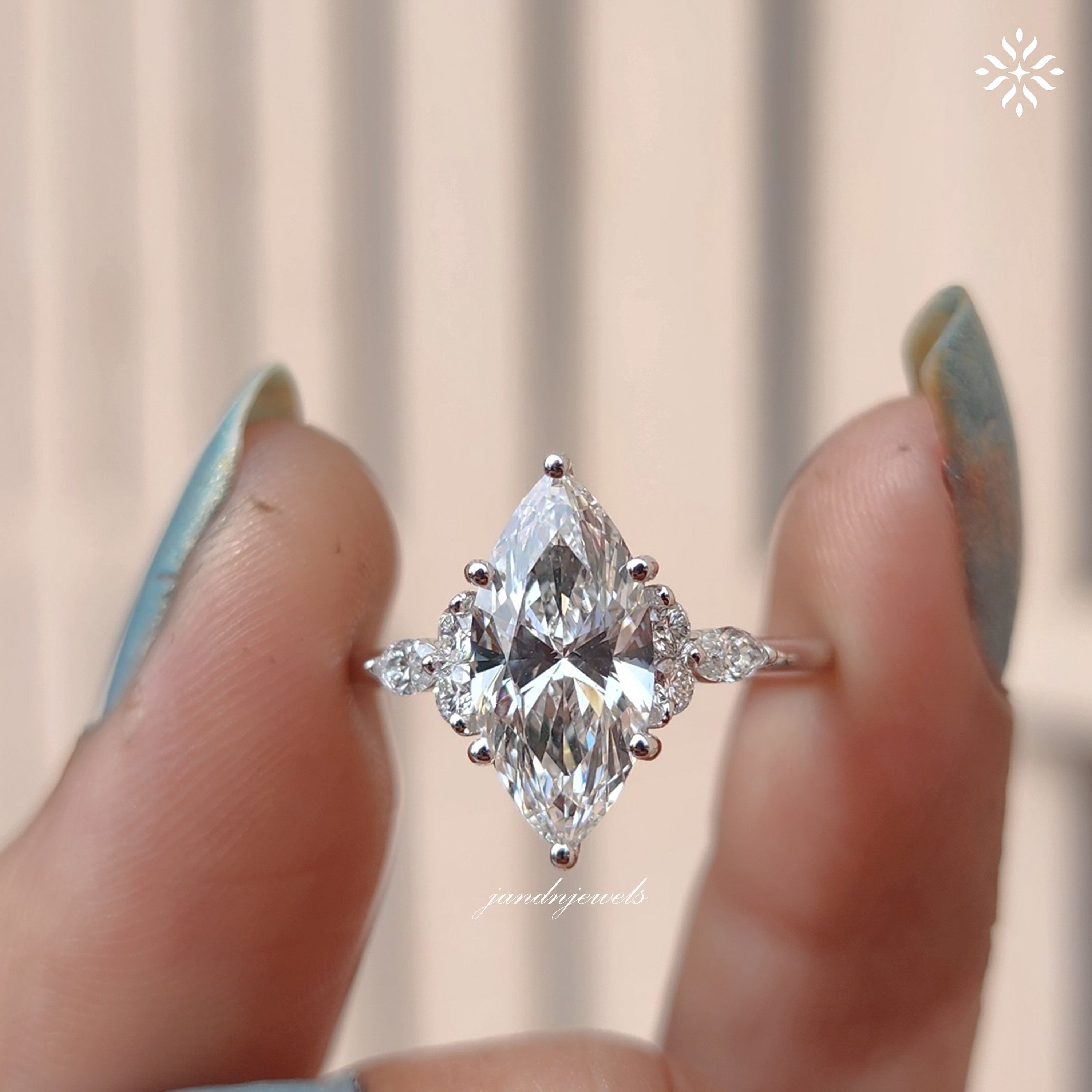 Vintage Marquise Cut Lab Grown Engagement Ring Women's Diamond Wedding Ring with Side Stone Delicate 14k Solid Gold Diamond Promise Ring