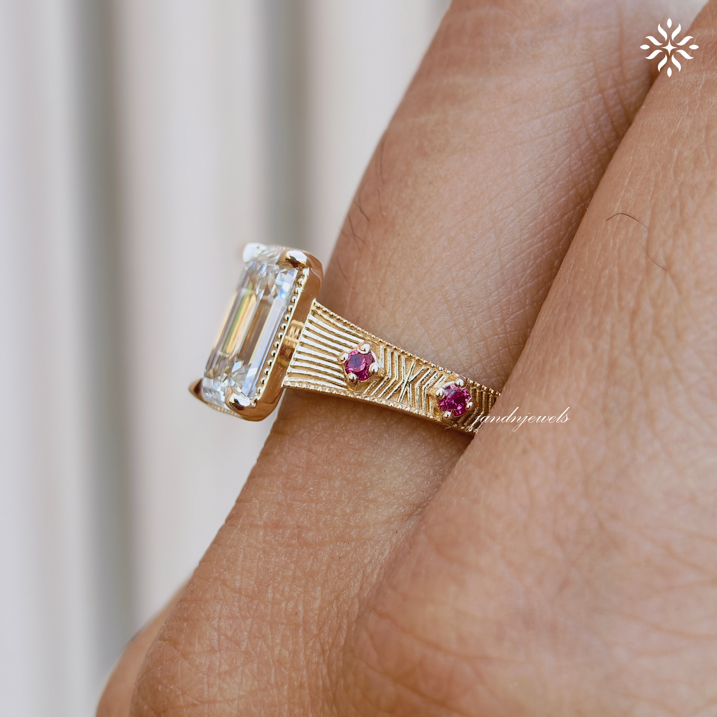 3CT Emerald Cut Lab Grown Diamond Engagement Ring, Pink Sapphire Side Stone Ring, Vintage Inspired Engraved Band, 14K Gold Wedding Ring
