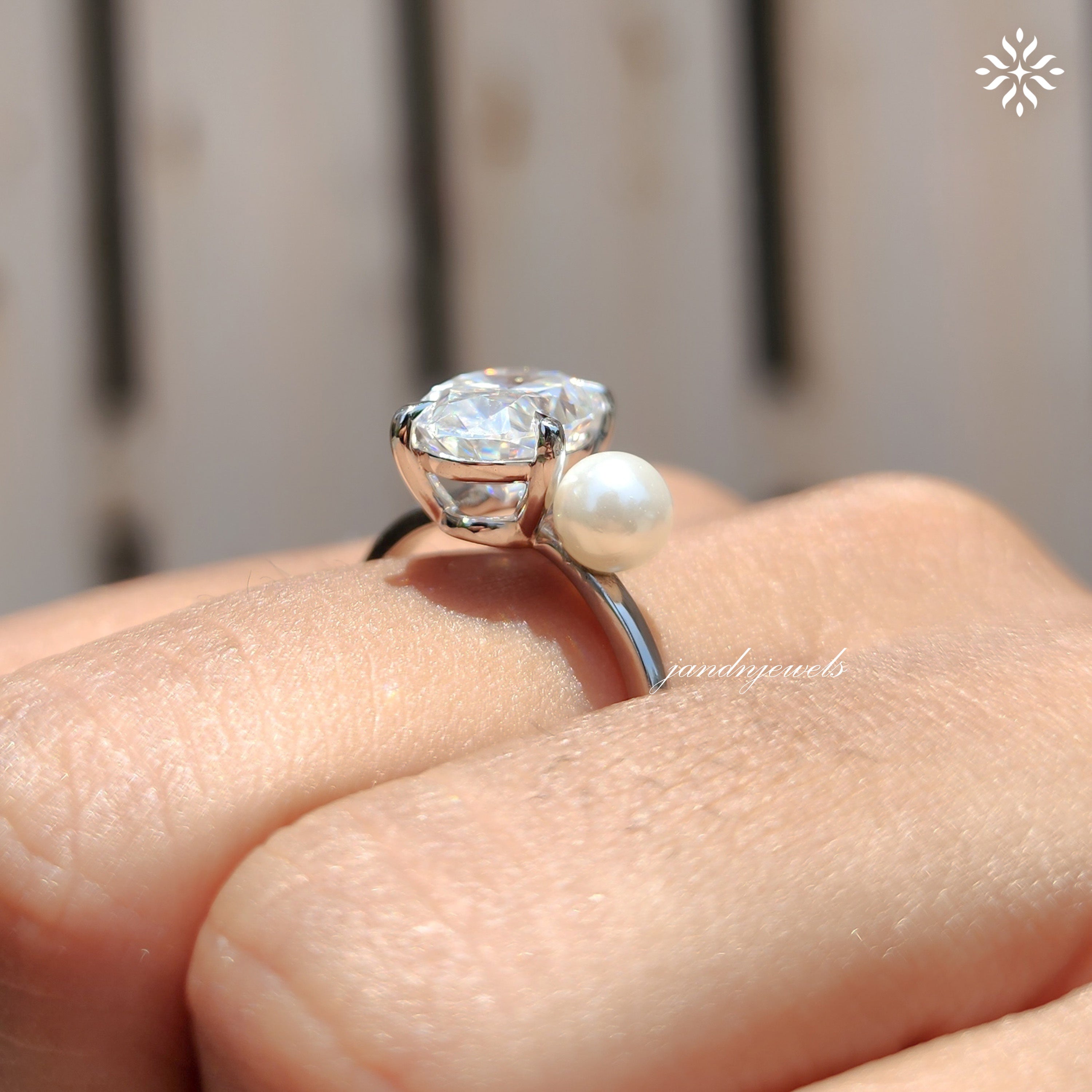 Oval Moissanite & Pearl Two Stone Ring, Toi Et Moi Design