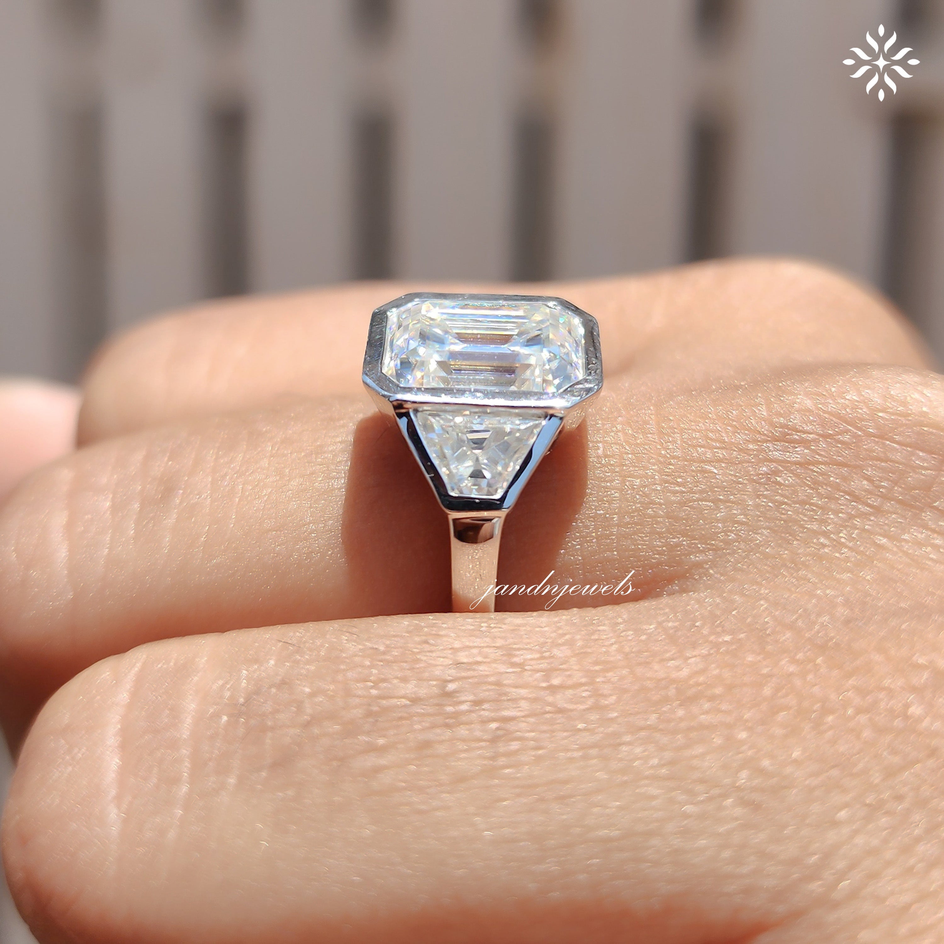 Three Stone Emerald Cut Moissanite Engagement Ring Bezel Set Diamond Ring Trilogy Ring for Her