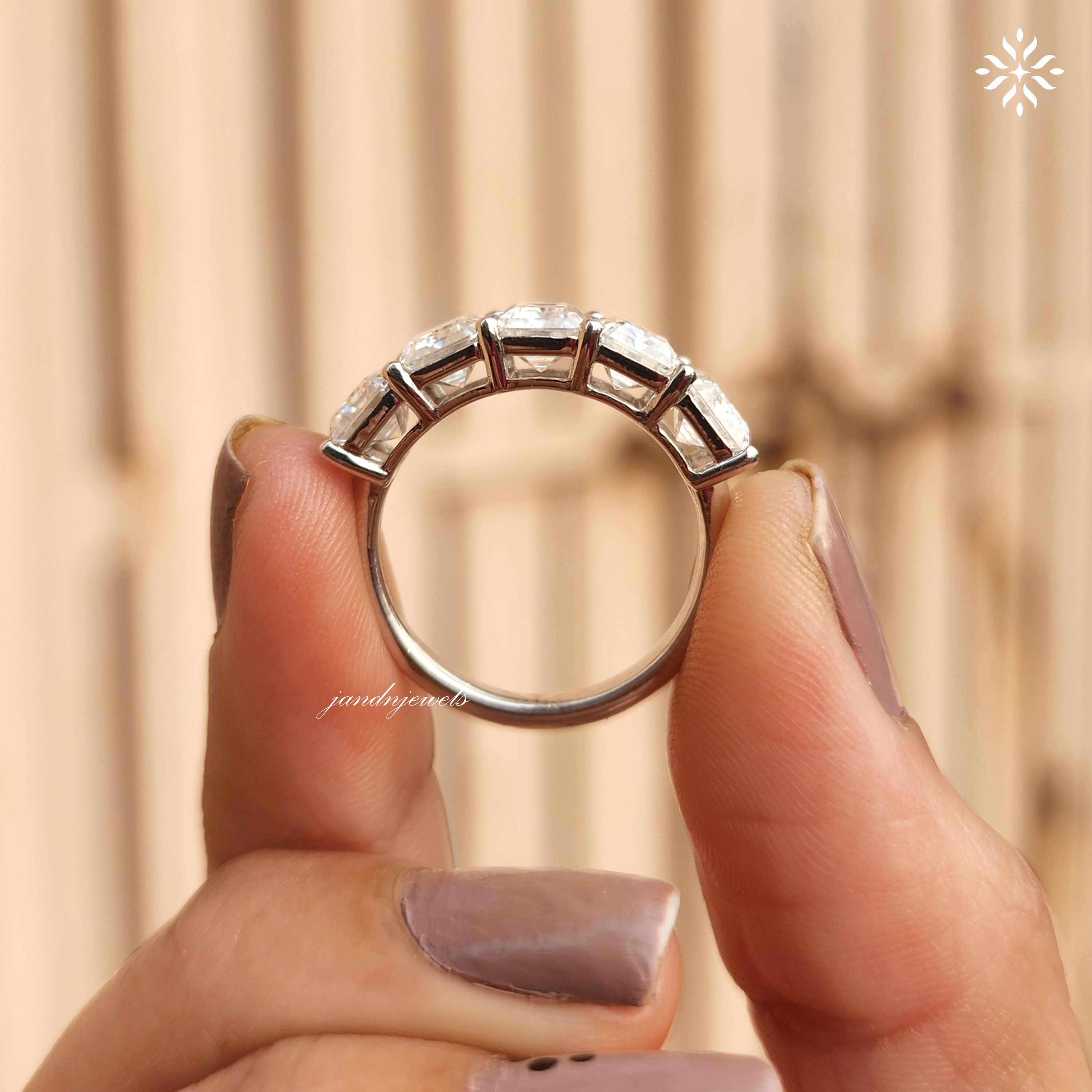5 Stone Emerald Cut Moissanite Ring, Emerald Cut Solitaire Band, 5 Stone Emerald Cut Half Eternity Band, Promise Stackable Eternity Ring