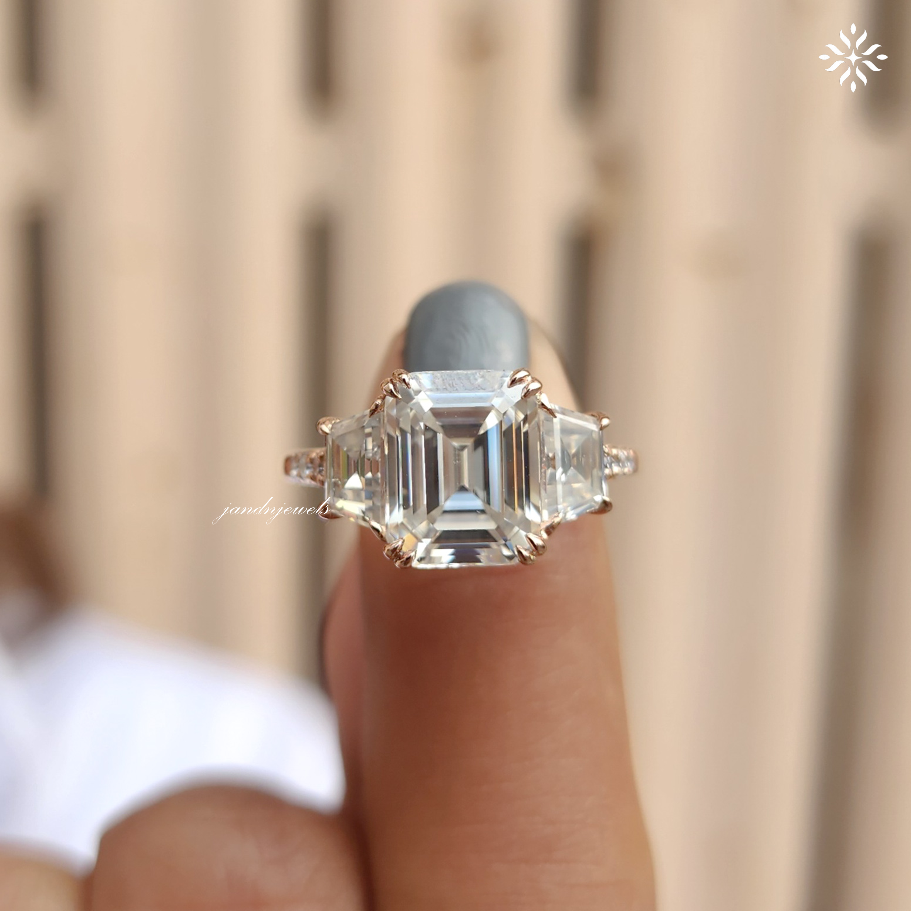 4CT Emerald Cut Moissanite Engagement Ring, Trapezoid Side Stone Ring, Hidden Halo 14K Gold Bridal Ring Set