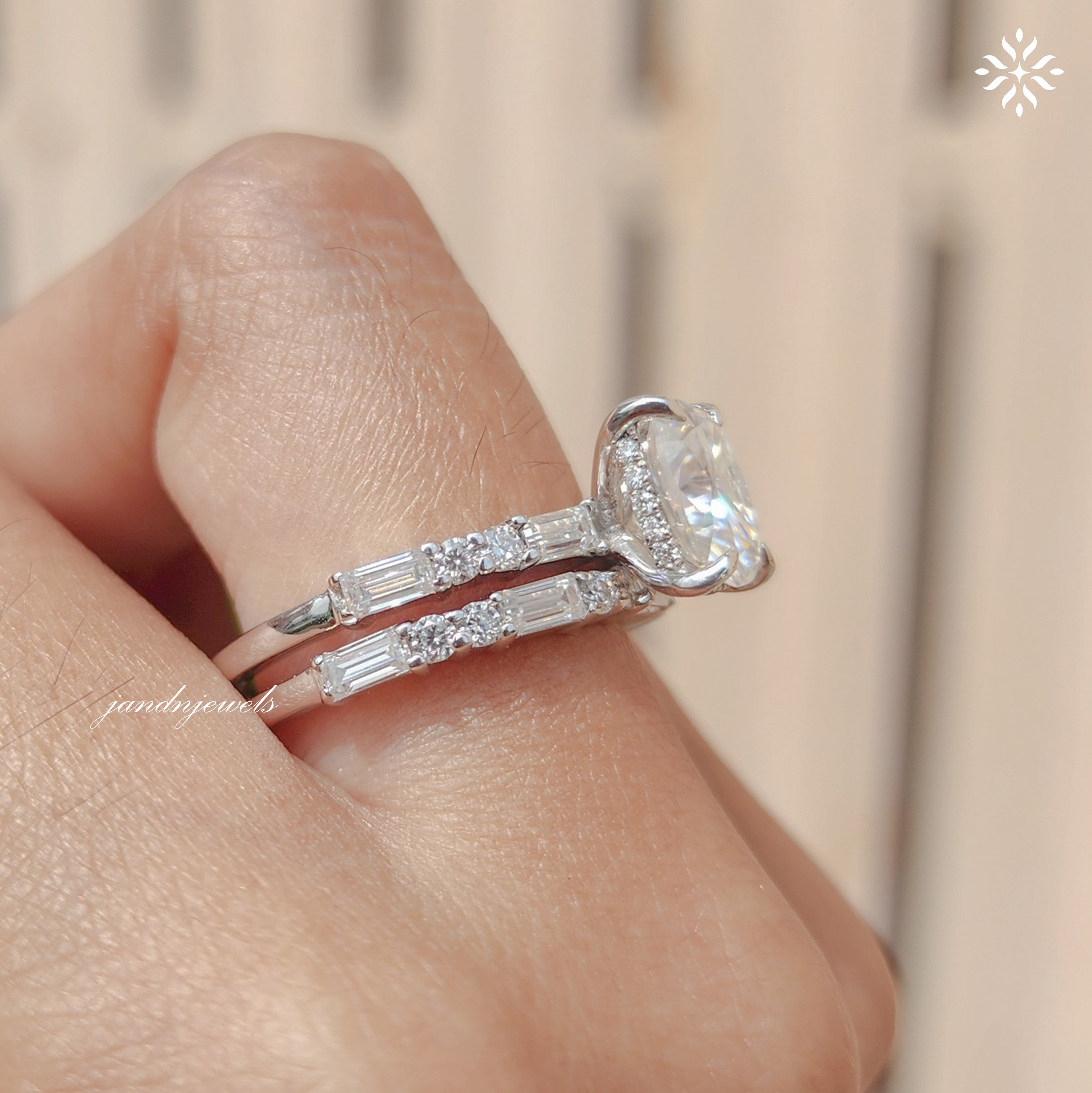 Elongated Cushion Cut Moissanite Engagement Ring Set Baguette & Round Diamond Band Bridal Ring Set 14K White Gold Ring Set