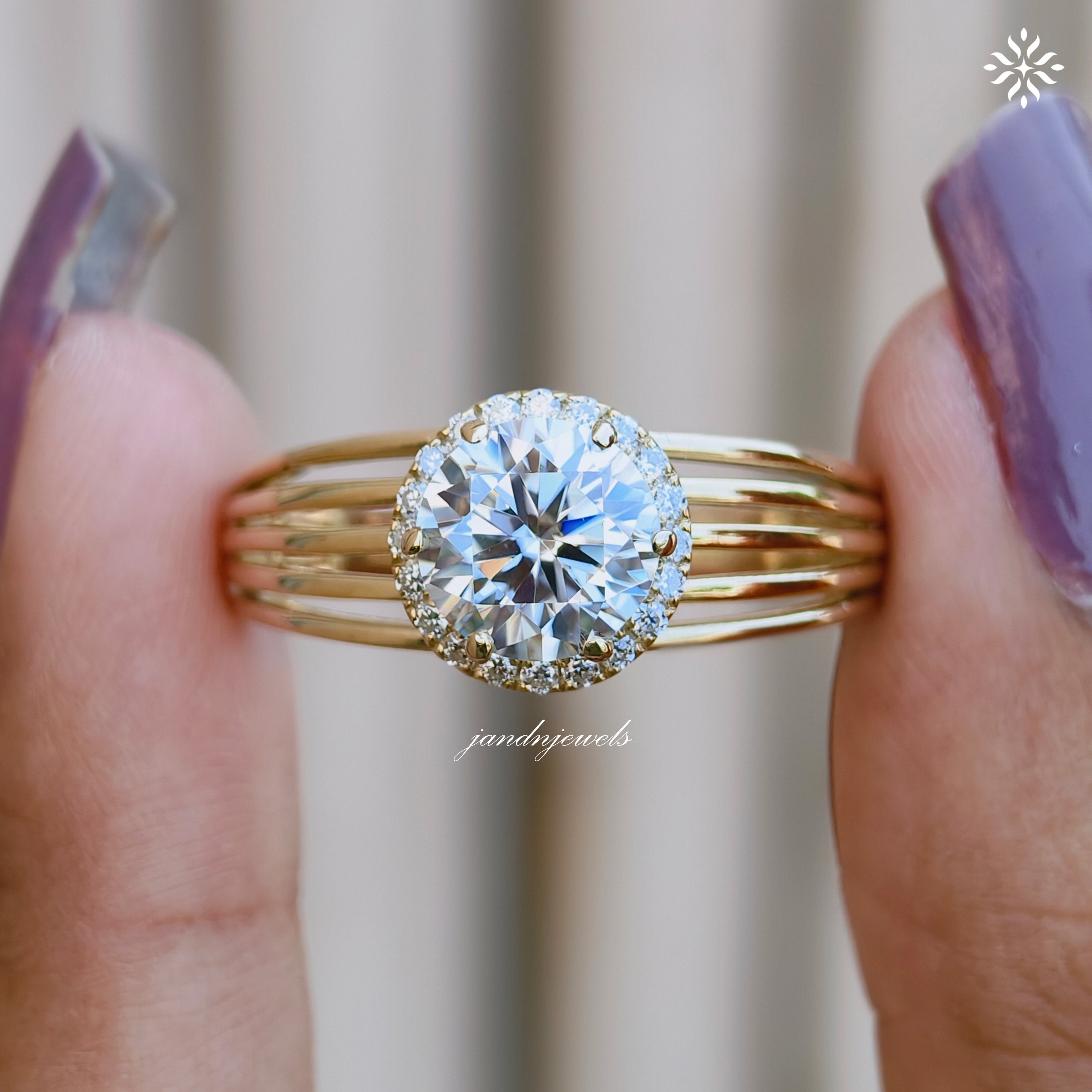 Brilliant Round Moissanite Engagement Ring Open Split Shank Gold Ring Halo Antique Style Ring Antique Style Bridal Ring