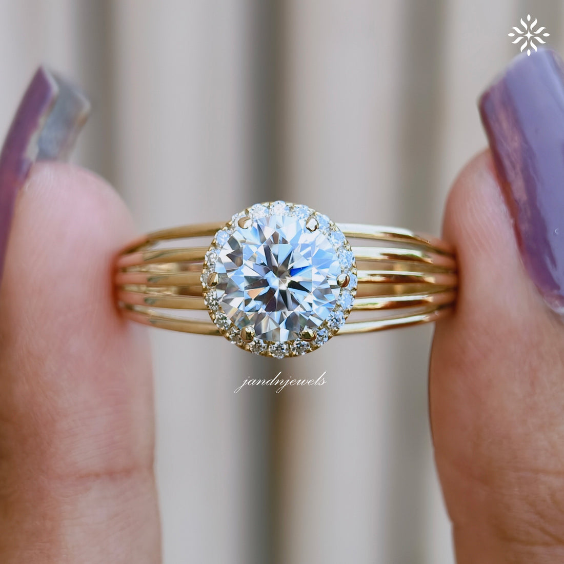 Brilliant Round Moissanite Engagement Ring Open Split Shank Gold Ring Halo Antique Style Ring Antique Style Bridal Ring