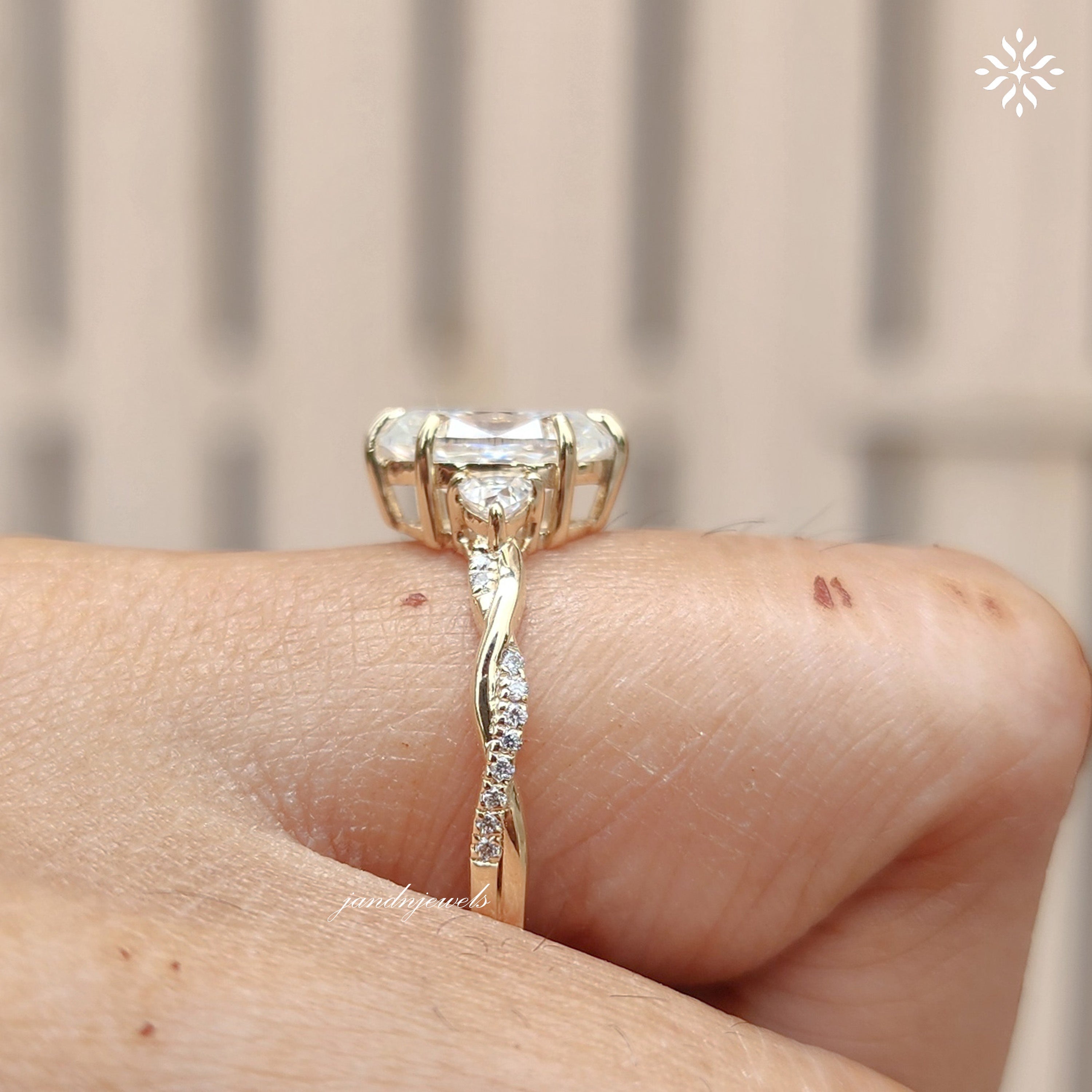 Three Stone oval Cut Moissanite Engagement Ring Twisted Band Wedding Ring Side Stone Trillion Side Stone Ring
