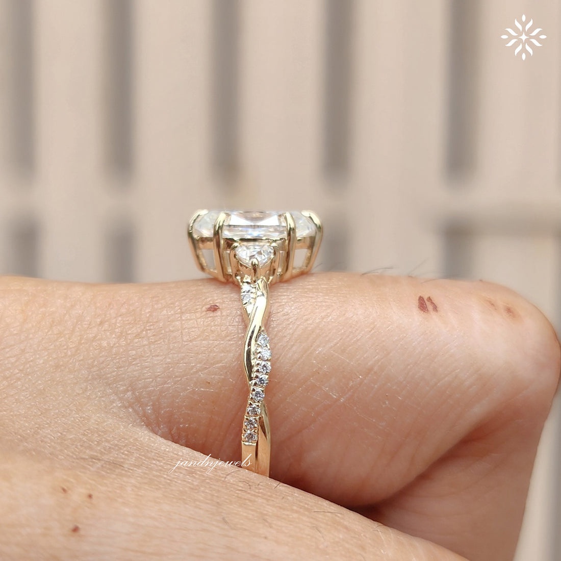 Three Stone oval Cut Moissanite Engagement Ring Twisted Band Wedding Ring Side Stone Trillion Side Stone Ring