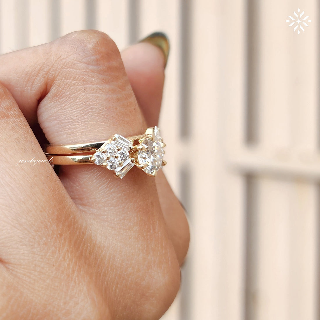 1.5CT Round Cut Moissanite Engagement Ring Baguette & Round Cut Diamond Cluster Ring 14K Solid Gold Wedding Ring Anniversary Gift for Her