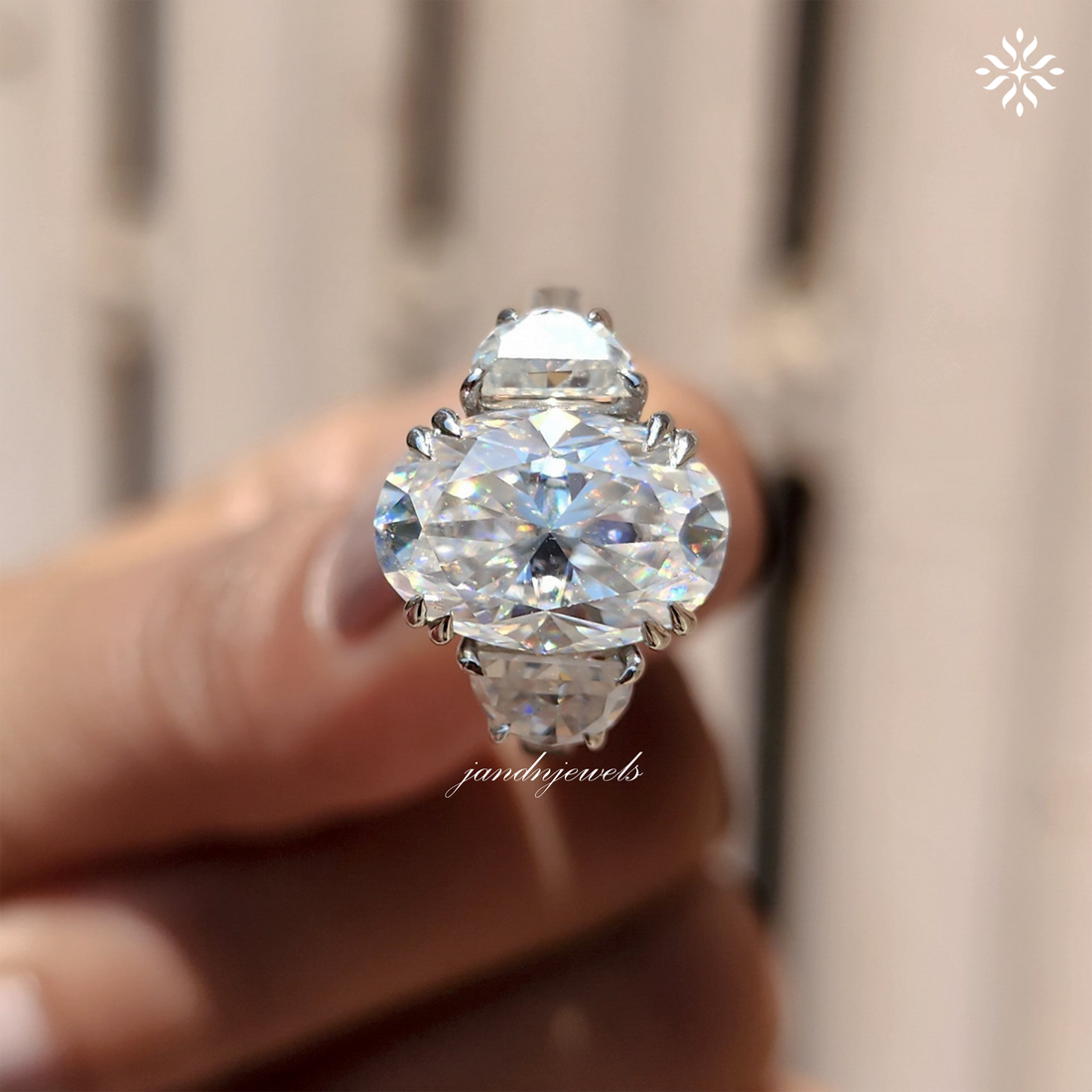 4CT Oval Moissanite Engagement Ring Three Stone Half Moon Diamond Trilogy Ring 14K Gold Wedding Anniversary Gift For Her