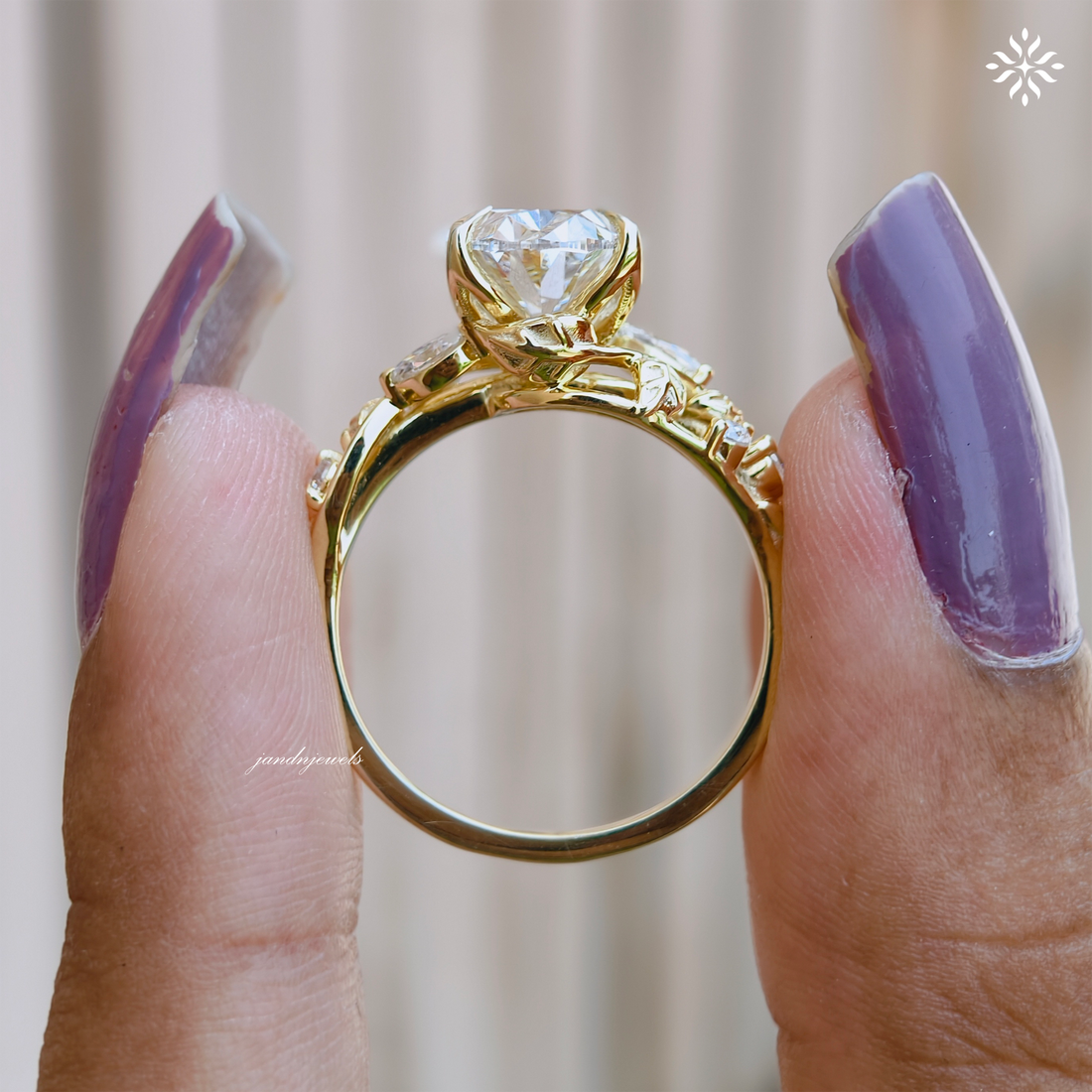 Botanical Oval Cut Lab Grown Diamond Engagement Ring Nature Inspired Floral Ring Vine Leaf Wedding Ring 14K Solid Yellow Gold Ring for Her