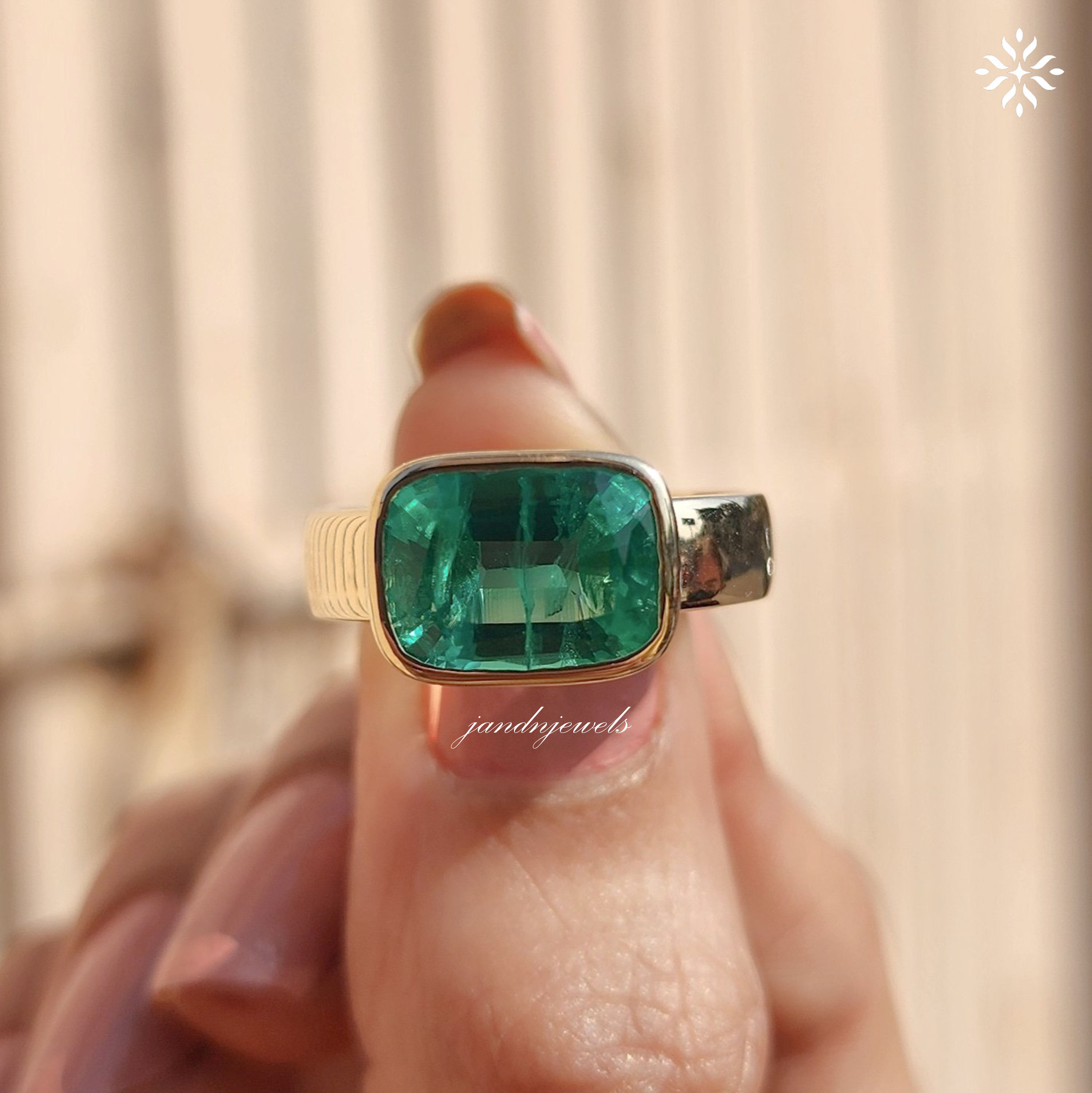 Green Emerald Cushion Cut Ring Bezel Set Solitaire 14K Gold Engagement Ring East West Ring