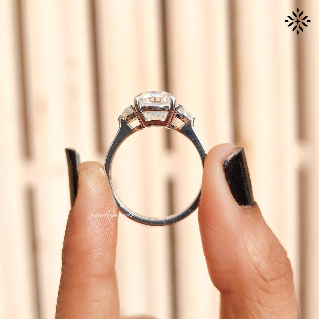 Elongated Criss Cut Cushion Moissanite Engagement Ring Three Stone Wedding Ring Side Stone Half Moon Trilogy Ring Multi Stone Ring for Her