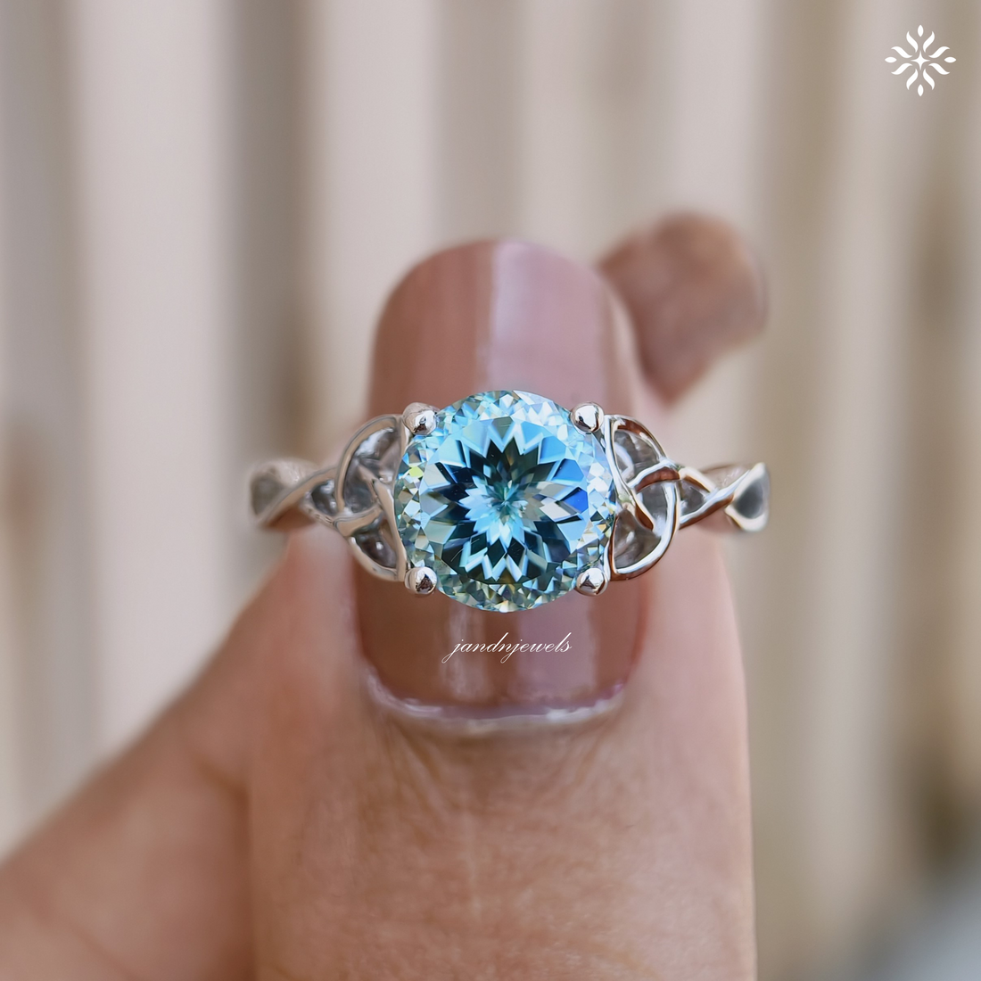 Vintage Celtic Knot Ring Cyan Blue Portuguese Cut Moissanite Engagement Ring Promise Ring for Her