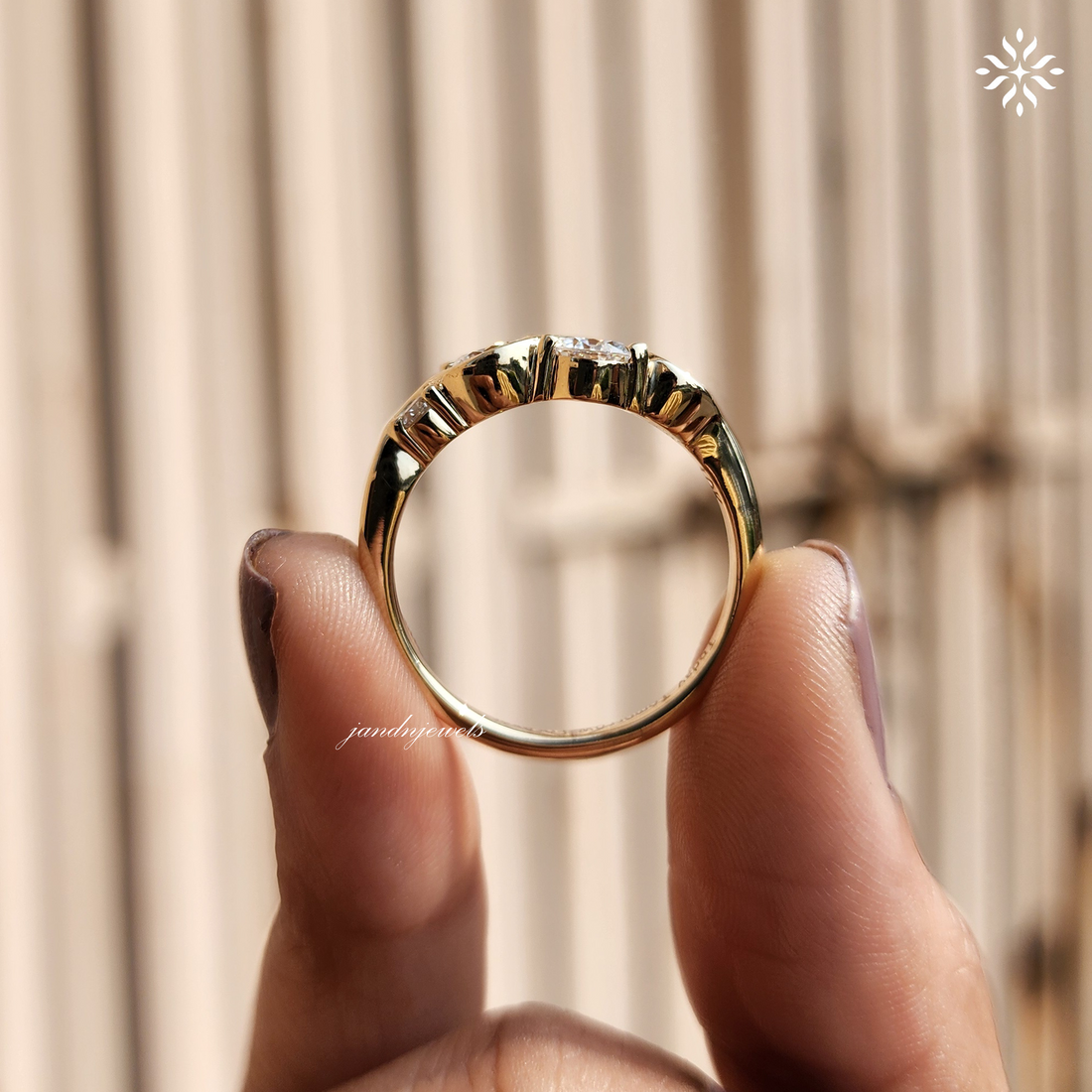 Wavy Diamond Trio Ring in 14K Yellow Gold Wedding Band