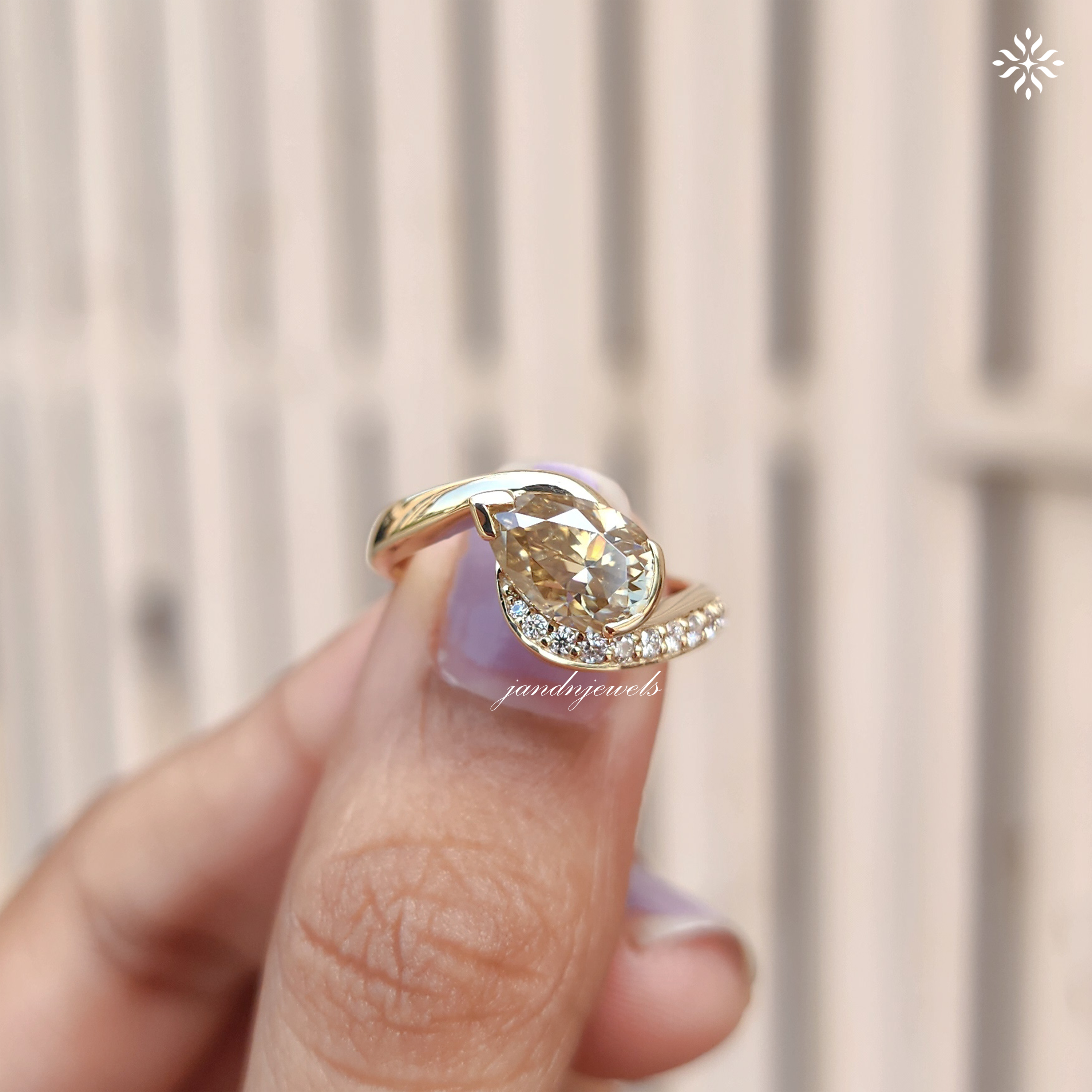 Champagne Pear Cut Moissanite Ring, Curved Pave Band, Asymmetrical Gold Engagement Ring