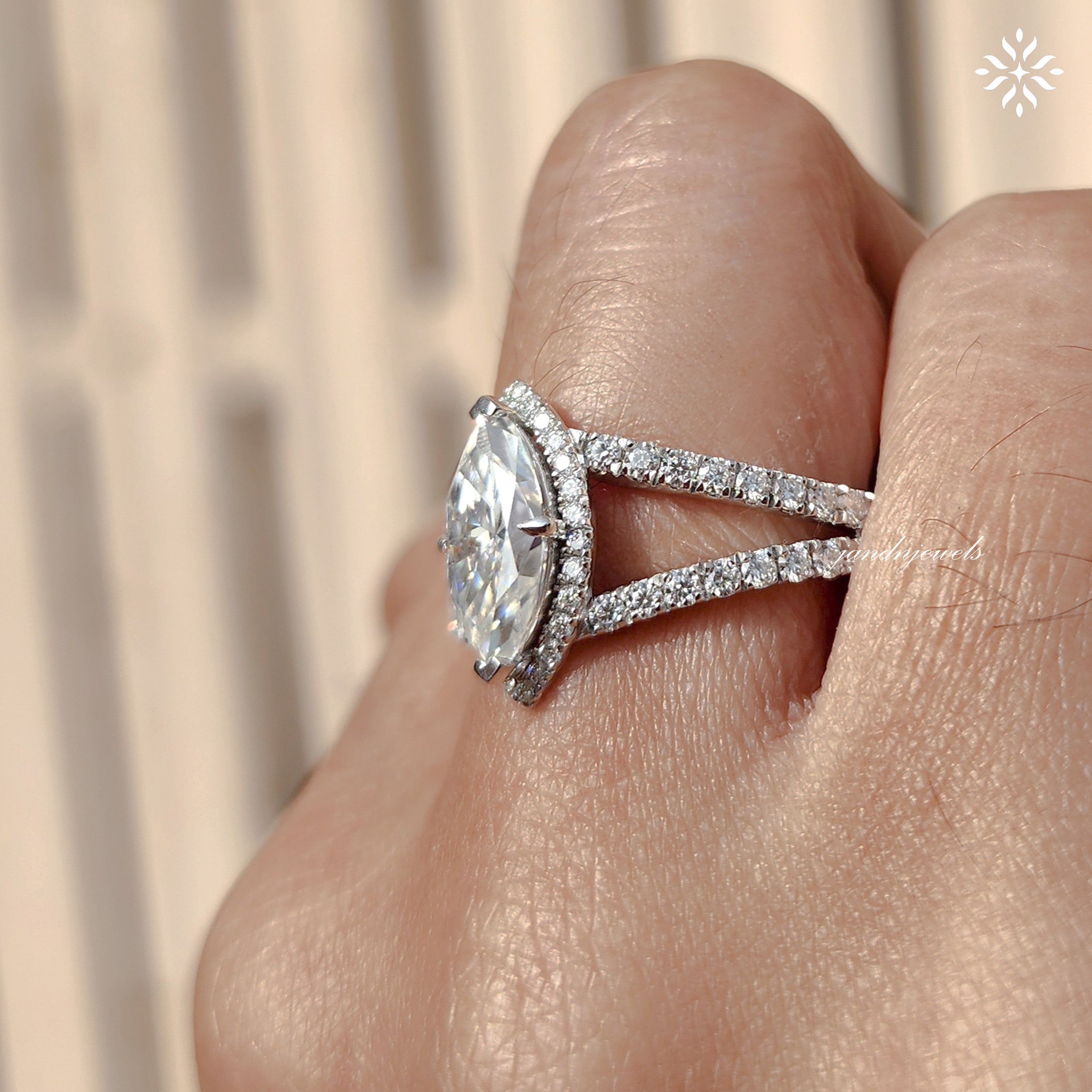 Halo Marquise Cut Moissanite Engagement Ring Split Shank Marquise Ring Unique Diamond Wedding Ring Anniversary Gift for Her