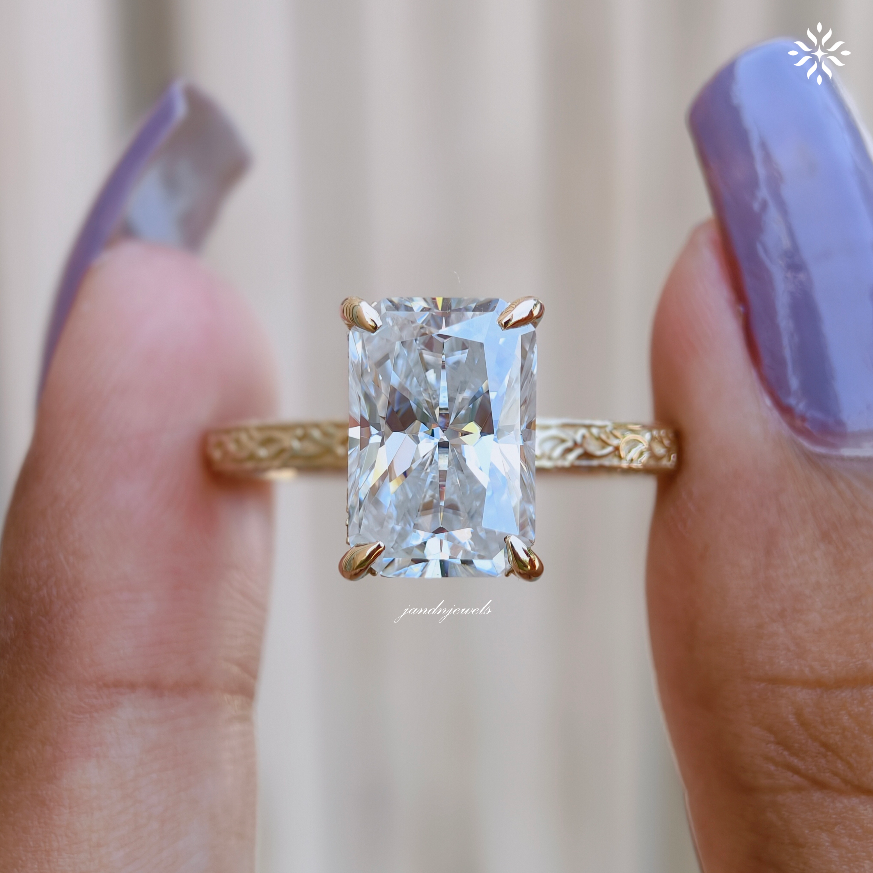 4CT Radiant Cut Moissanite Ring, Solid Yellow Gold Radiant Cut Solitaire Ring, Engraved Wedding Ring, 4 Prongs Anniversary Ring for Women