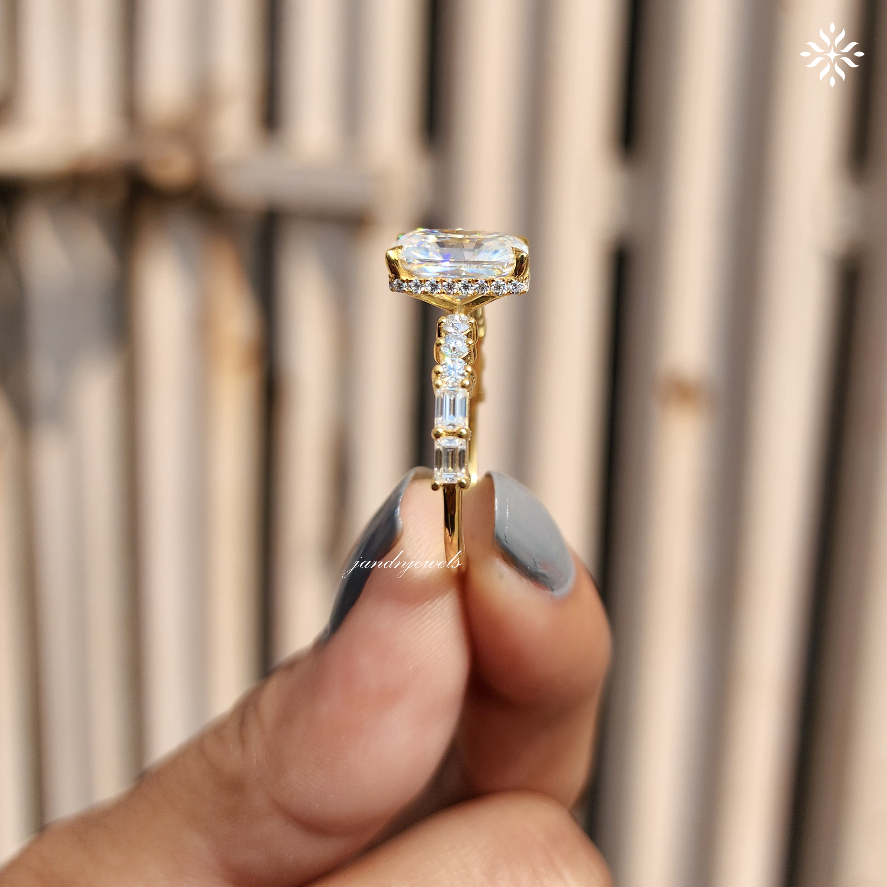 Radiant Cut Moissanite Engagement Ring Hidden Halo Radiant Cut Ring Baguette Band