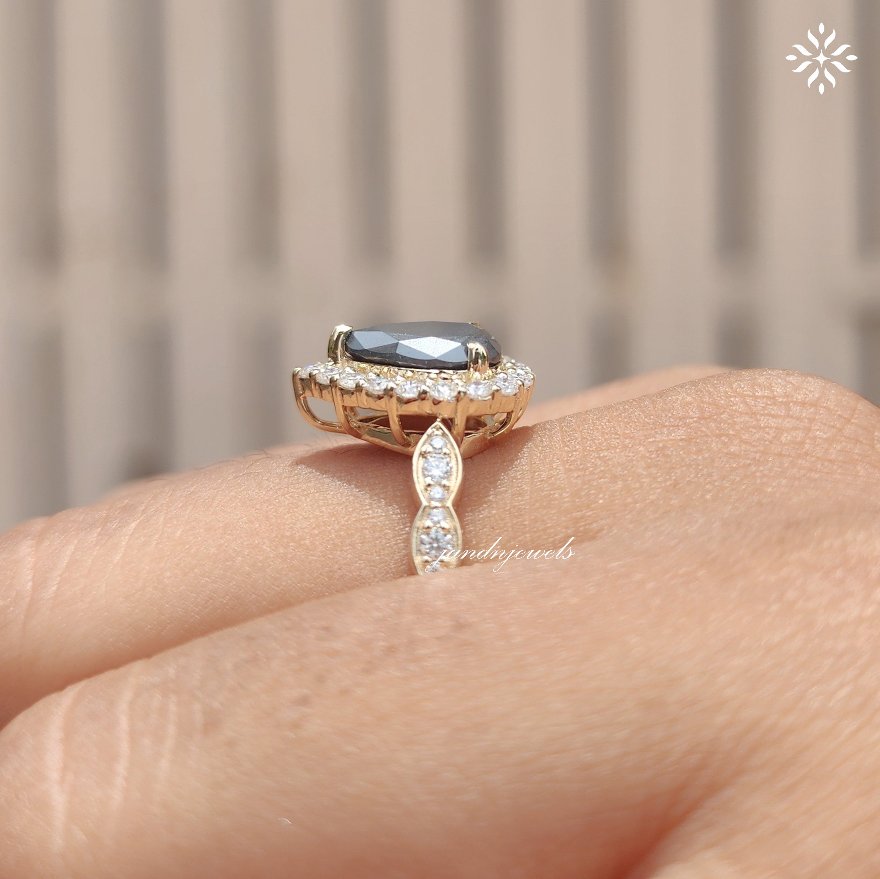 Black Pear Moissanite Ring Set Vintage Inspired Halo Engagement Ring With Marquise Wedding Band