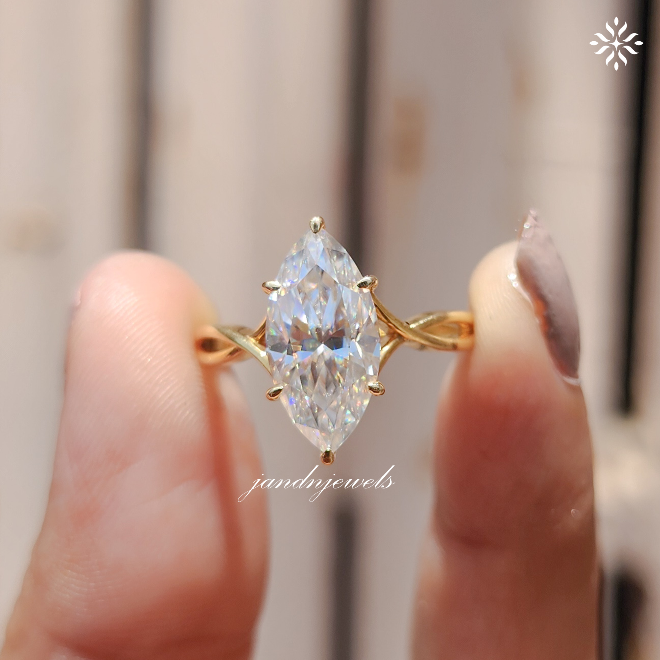 2.5CT Marquise Cut Moissanite Engagement Ring Twisted Shank 14K Yellow Gold Solitaire Prong Set Bridal Ring Anniversary Wedding Ring Gift